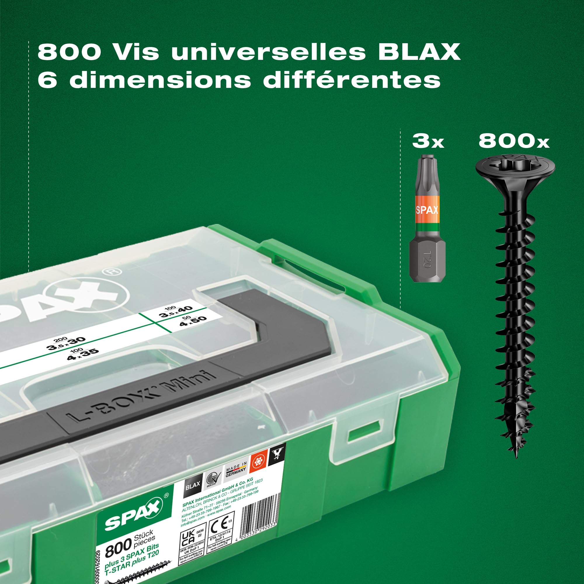 Coffret de montage SPAX L-BOXX Mini BLAX, kit de vis avec 800 vis noires universelles en 6 dimensions, 3 embouts T-STAR plus T20 inclus – 5000009162029