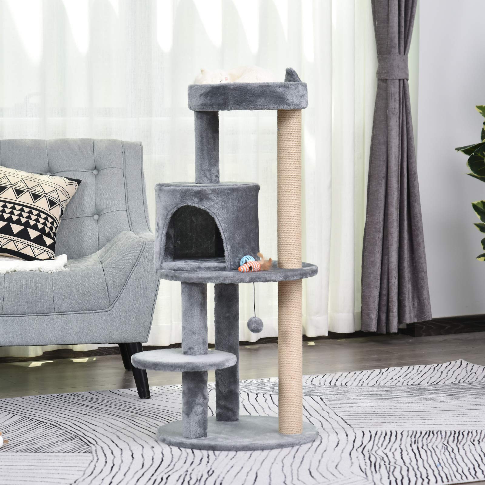PawHut krabpaal krabpaal met kattengrot speelbal kattenkrabpaal sisal touw krabpalen grijs 48 x 48 x 85 cm