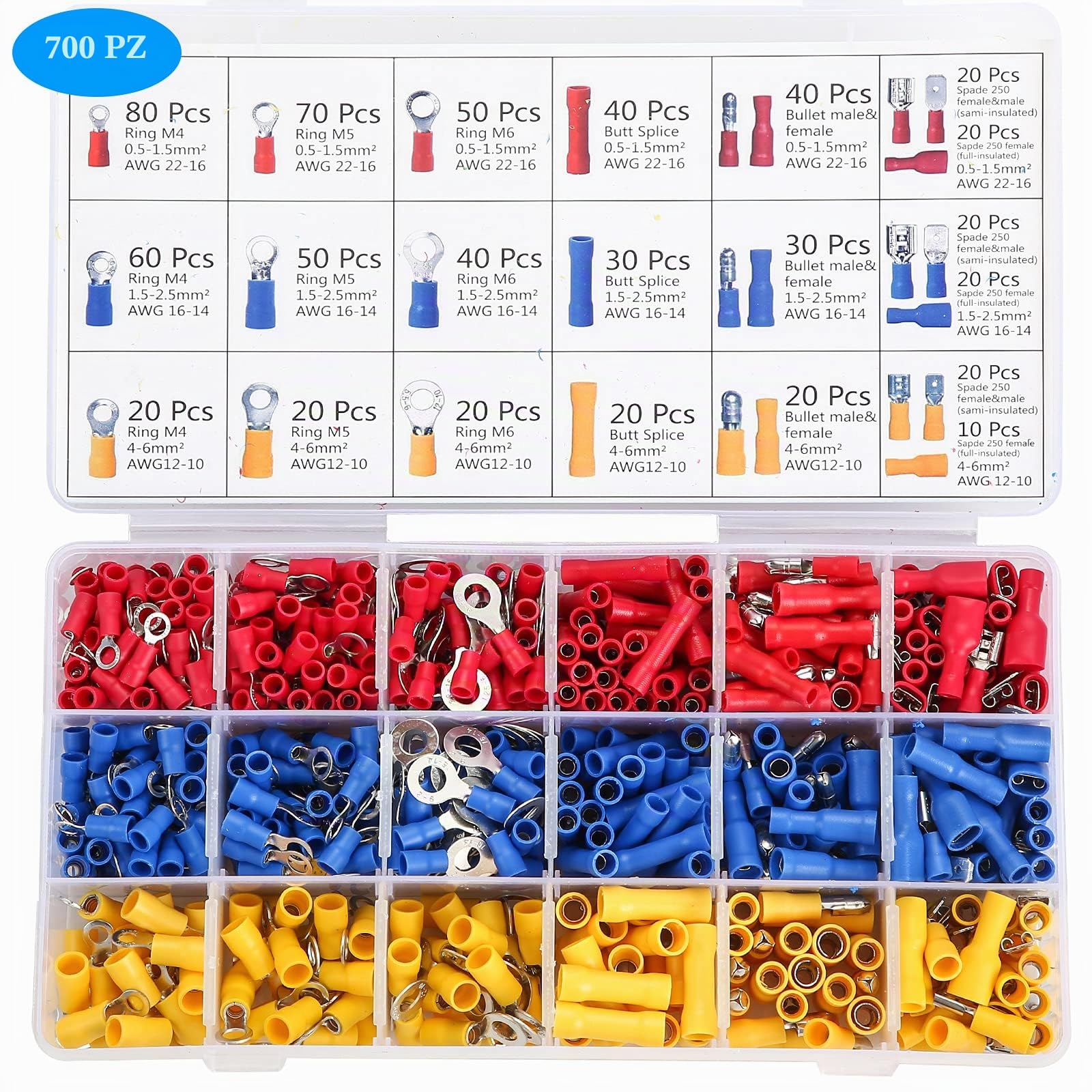 Kit di strumenti di crimpatura per terminali di cavi isolati, pinza a crimpare a cricchetto da 0,5-6 mm², pinze per capicorda con 700 connettori a crimpare ad anello a forcella