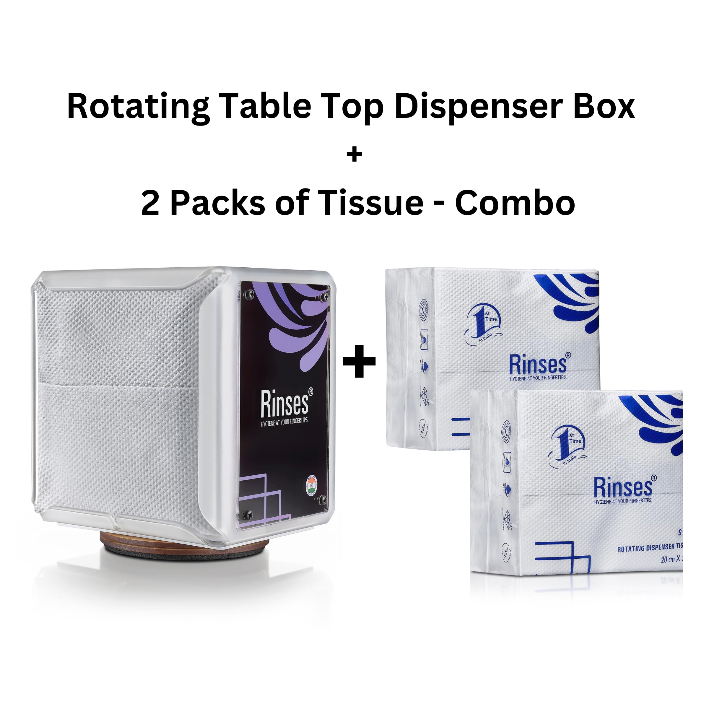 Rinses Rotating Table Top Dispenser Box & 2 Tissue Pack Combo | Napkin Holder | Acrylic Rotating Tissue Paper/Towel Holder for Dining Table, Kitchen, Restaurant Hotel, Office, Home (Color-White)