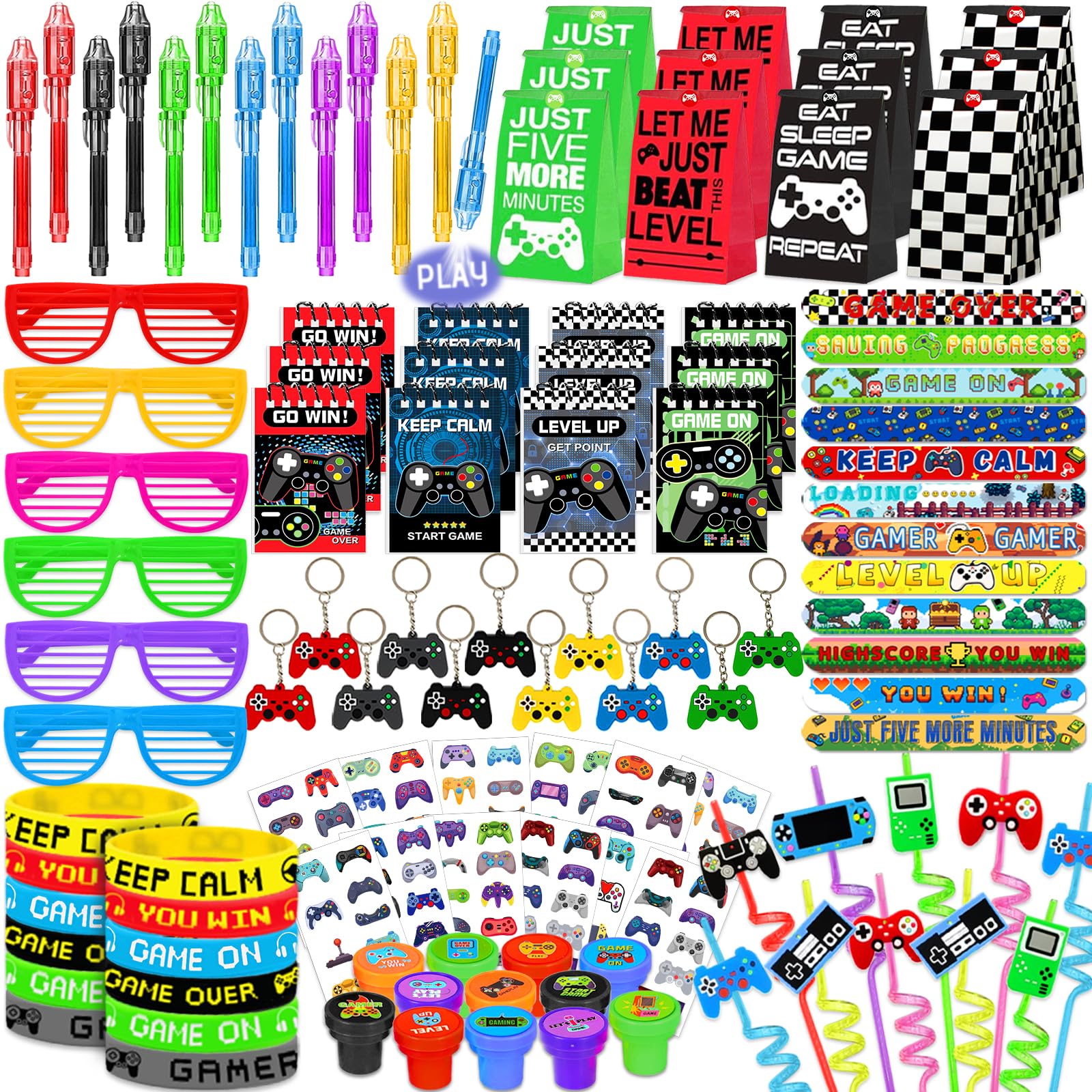 FINDRICH 120 PCS Video Game Party Favors, Gamer Gaming Party Favors - Glasses Invisible Ink Pens Notebooks Drinking Straws Stamps Tattoo Stickers Gift