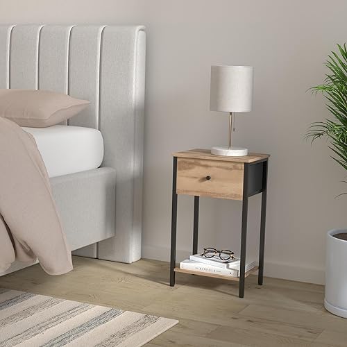 Miniatura 2 de VASAGLE Mesita de noche, mesa auxiliar con cajón de tela, mesa auxiliar de 24 pulgadas de alto con estante de almacenamiento, dormitorio, roble