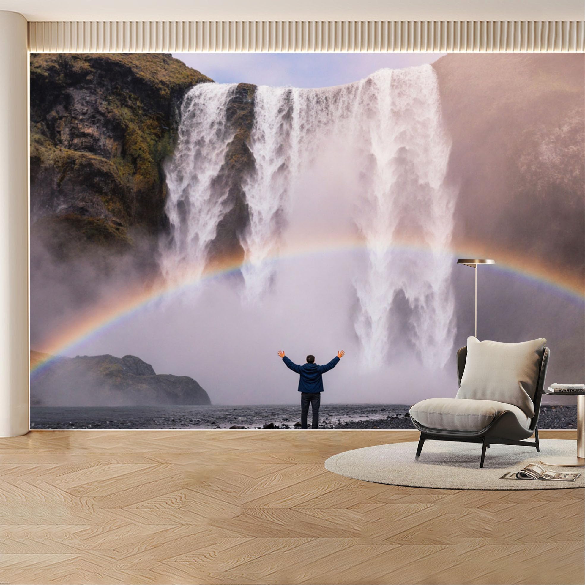 Custom Wall Mural Wallpaper Waterfall Rainbow Landscape Nature 3D Effect Large Wall Art Misty Nordic Removable SelfAdhesive Large Photo for Living Room， Bedroom， Office