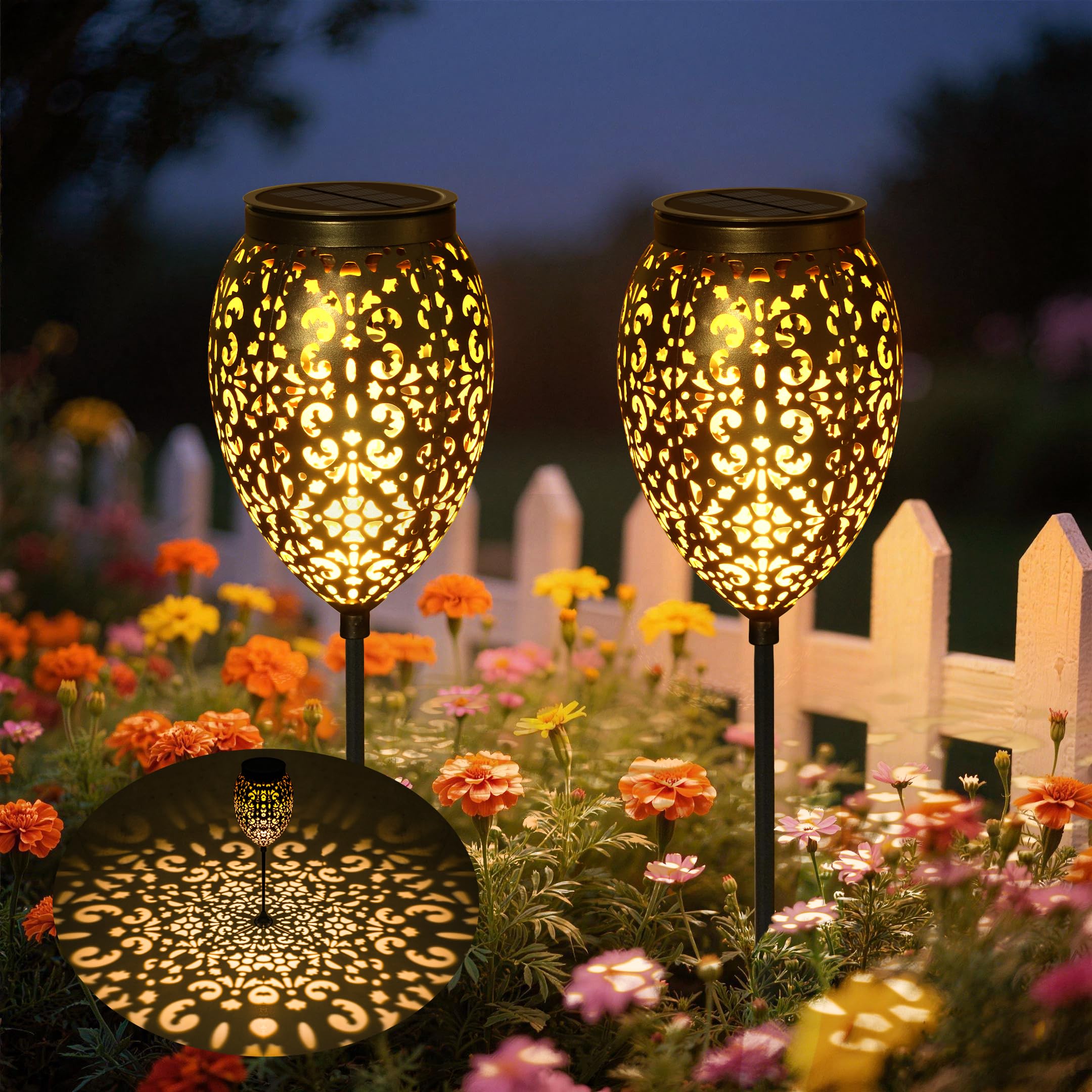 JOYCREATOR Solarleuchten für Außen Metall, 2 Stück Paisley Solarlampen für Außen Garten IP65 Wasserdicht, LED Solarleuchten Garten, Gartenleuchten mit Erdspieß für Terassen Balkon(Schwarz)