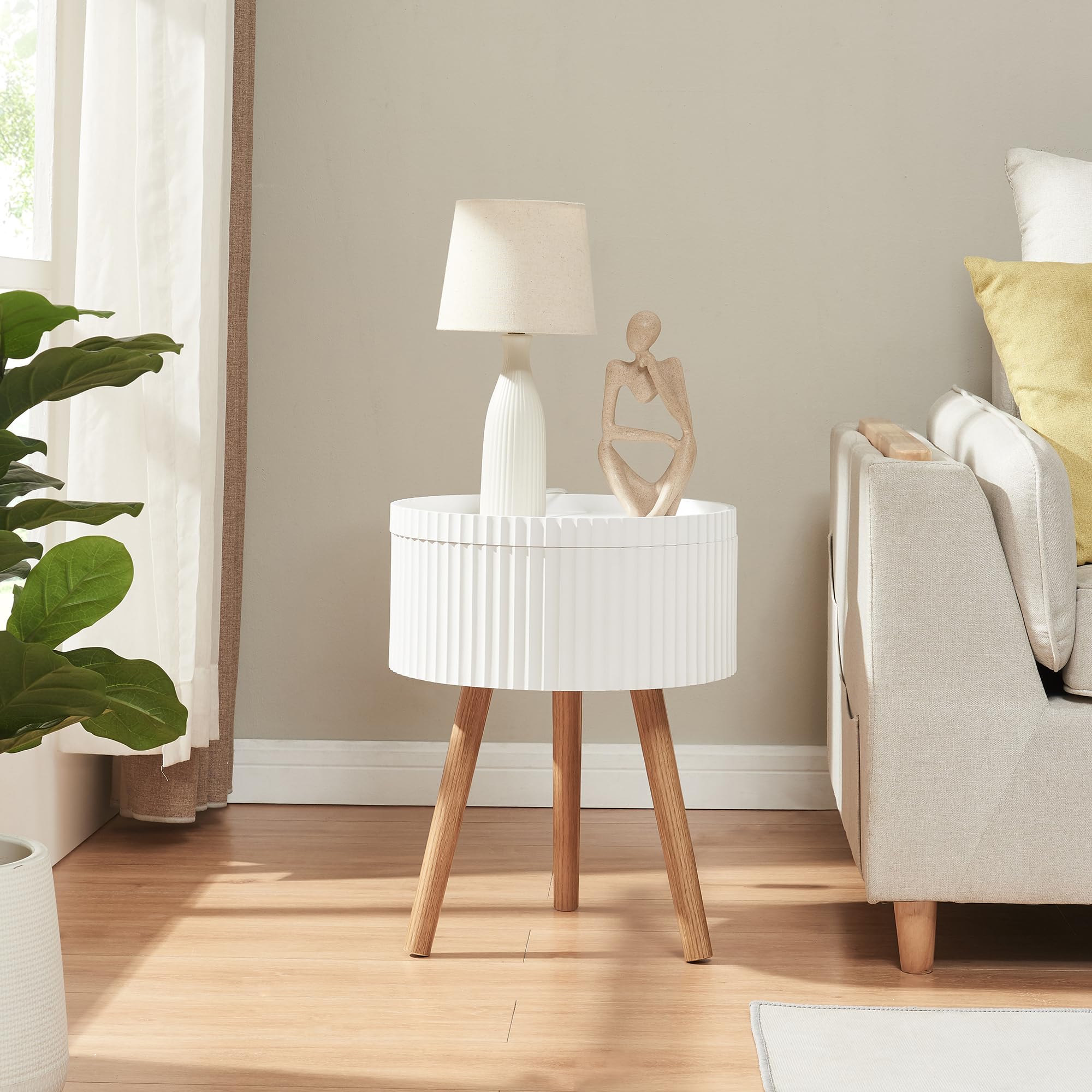 [en.casa] Table d'Appoint avec Compartiment de Rangement Plateau Rond Amovible 3 Pieds Robustes Bout de Canapé Table de Chevet Nuit MDF Bambou 48 x 38 cm Blanc
