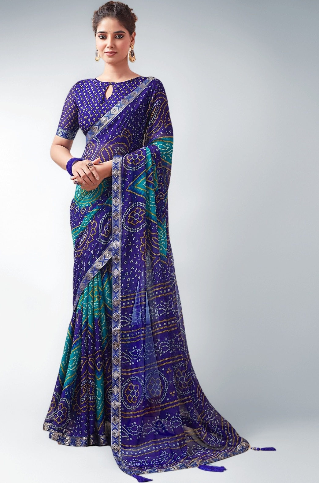 SAMAH Women's Bandhani Printed | Leheriya Printed Chiffon Saree with Unstitched Blouse Piece