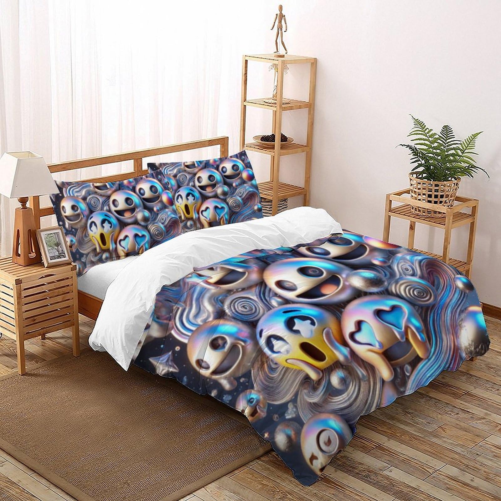 Housse de couette 260x220cm Smiley argenté avec imprimé 3D relief en microfibre