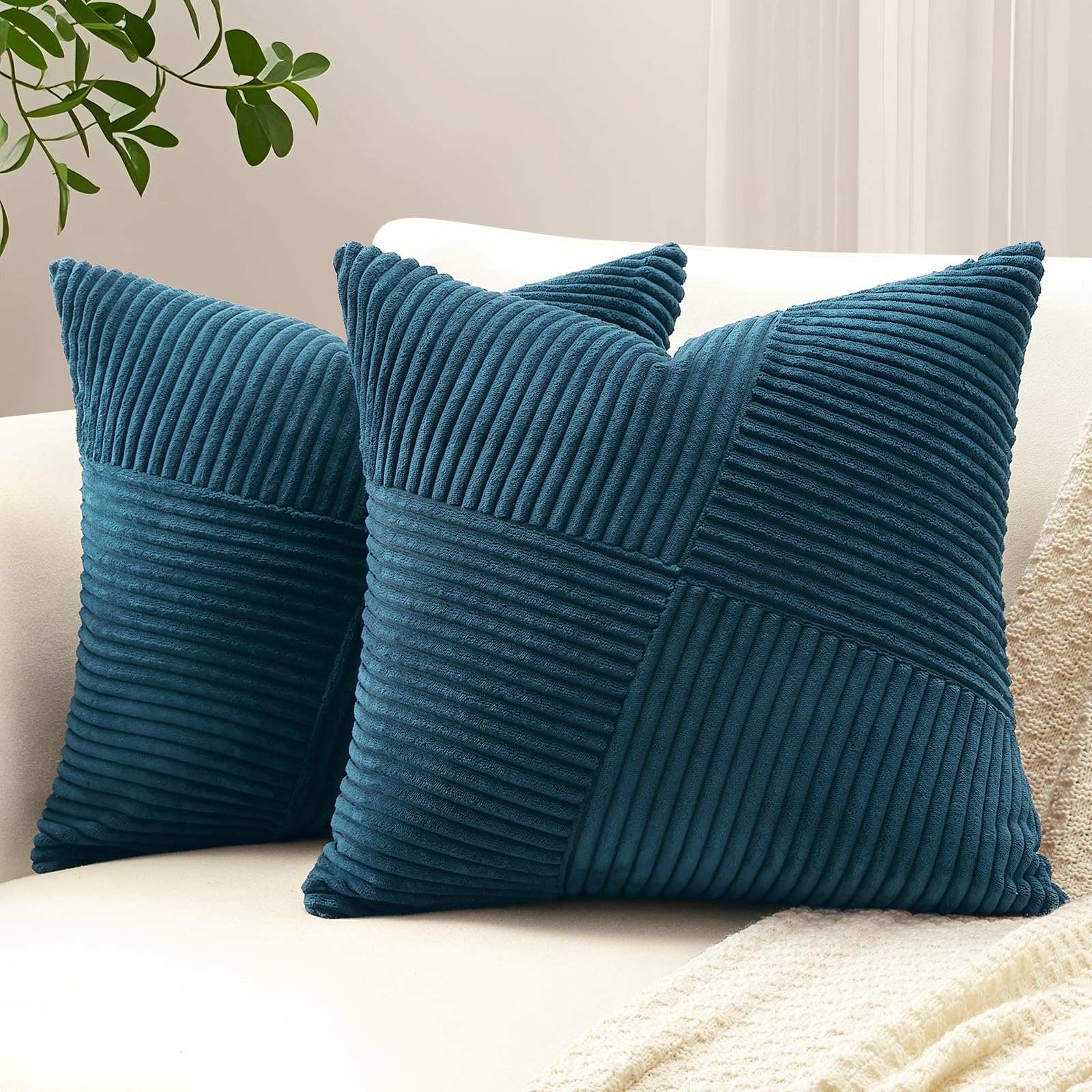 Sungeek 2er Set Cord Kissenbezüge, Windmühle Streifen Muster Kordsamt Kissenbezug Dekokissen Sofakissen Patchwork Design Deko Zierkissenbezüge Kissenhülle für Wohnzimmer (60x60cm, Staubblau)