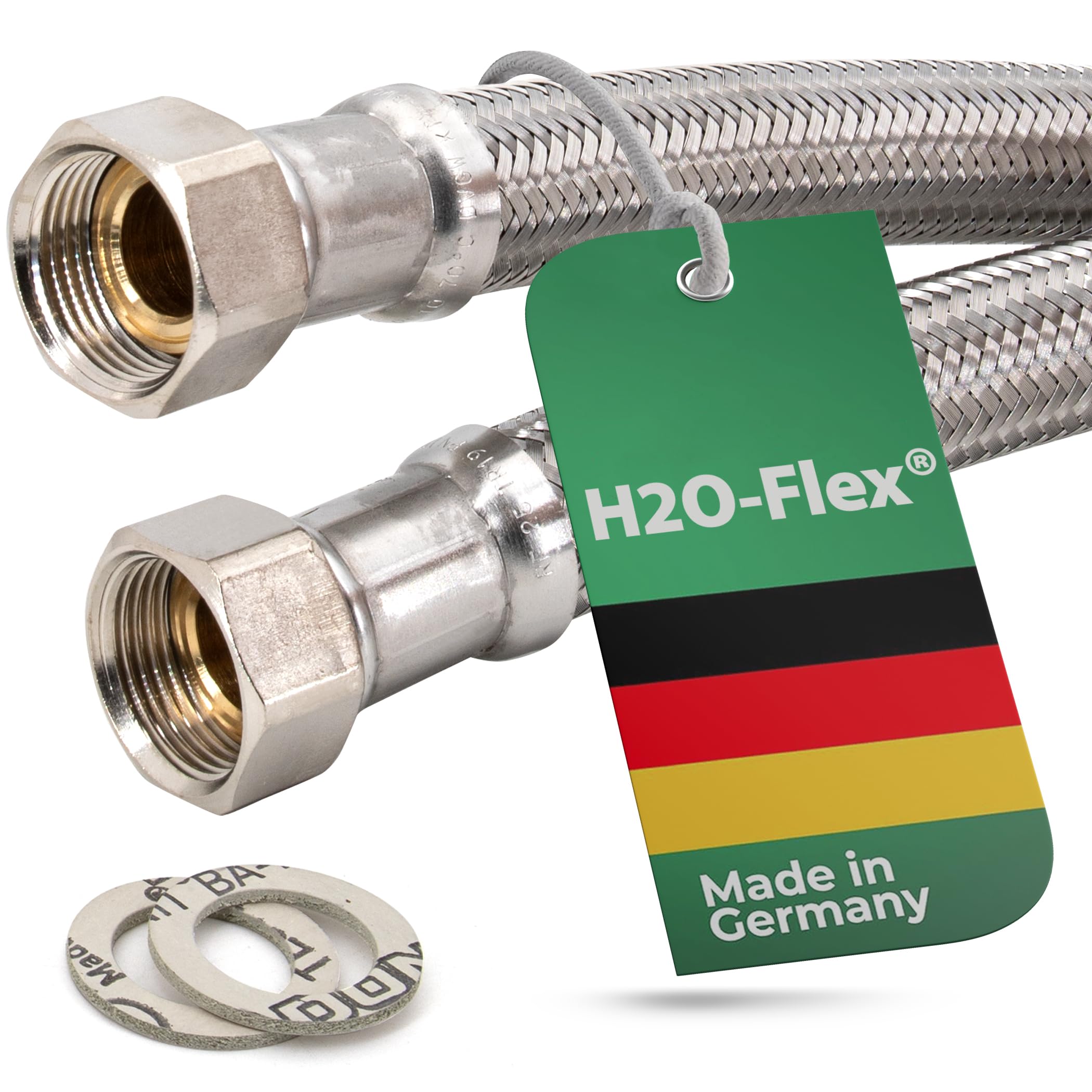 Tubo corazzato 3/4" ÜM x 3/4" ÜM, DN19, approvato per acqua potabile, 1,2 m | Tubo flessibile in acciaio inox, in HDPE, PN10, prodotto in Germania, per impianti di acqua potabile e impianti sanitari