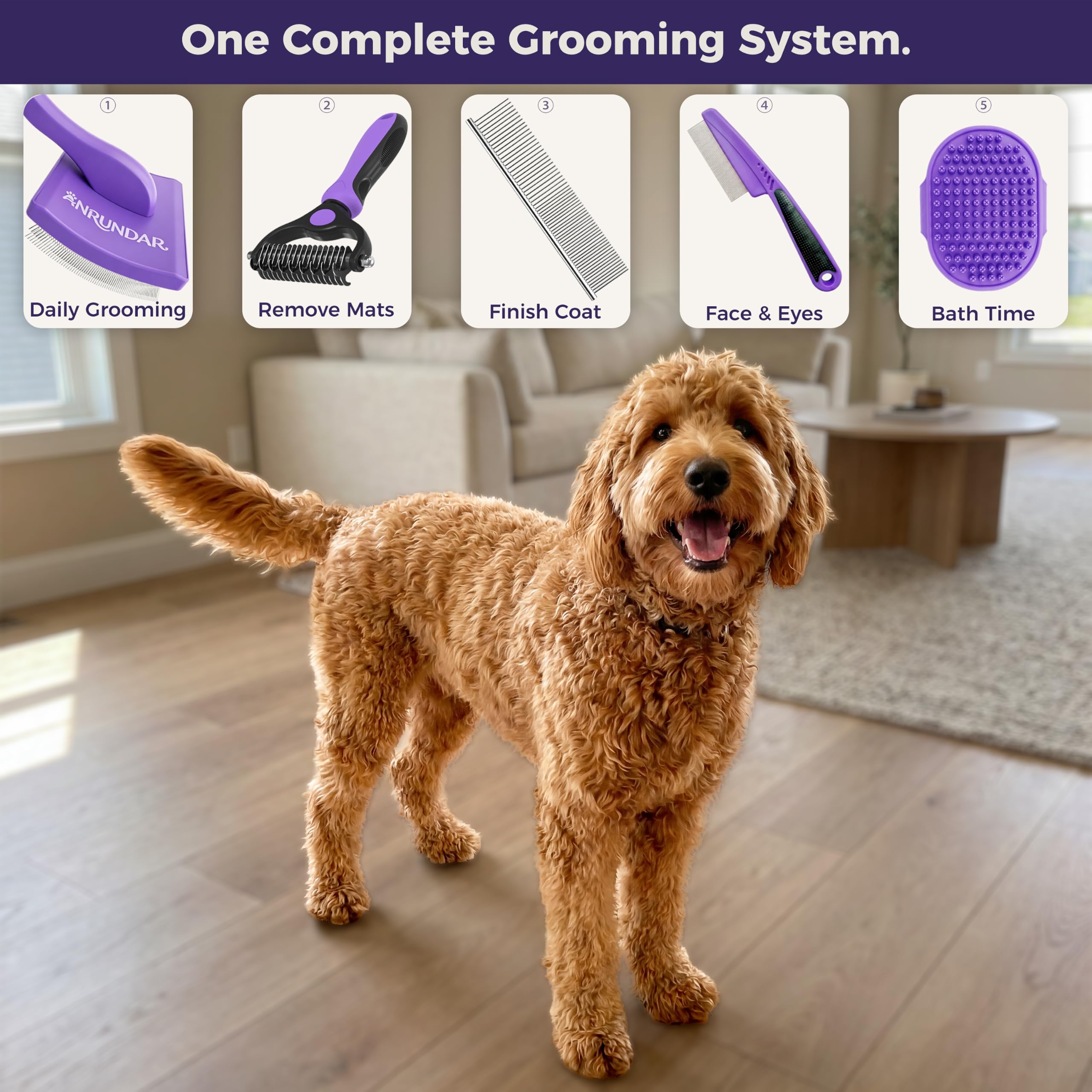 Kit de aseo para perros con cepillo para perros, rastrillo de capa inferior, cepillo de baño, peine de metal y peine para pulgas, herramientas profesionales para Goldendoodles, caniches