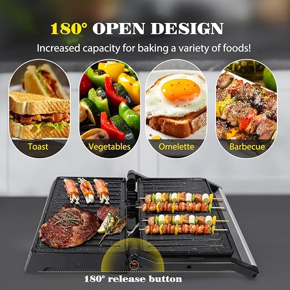 Aigostar Panini Press, Sandwich Maker Grill 1200W with Ceramic Non-stick Plates, Opens 180 Degrees for Any Size Food, Stainless Steel Surface & Removable Drip Tray, Silver