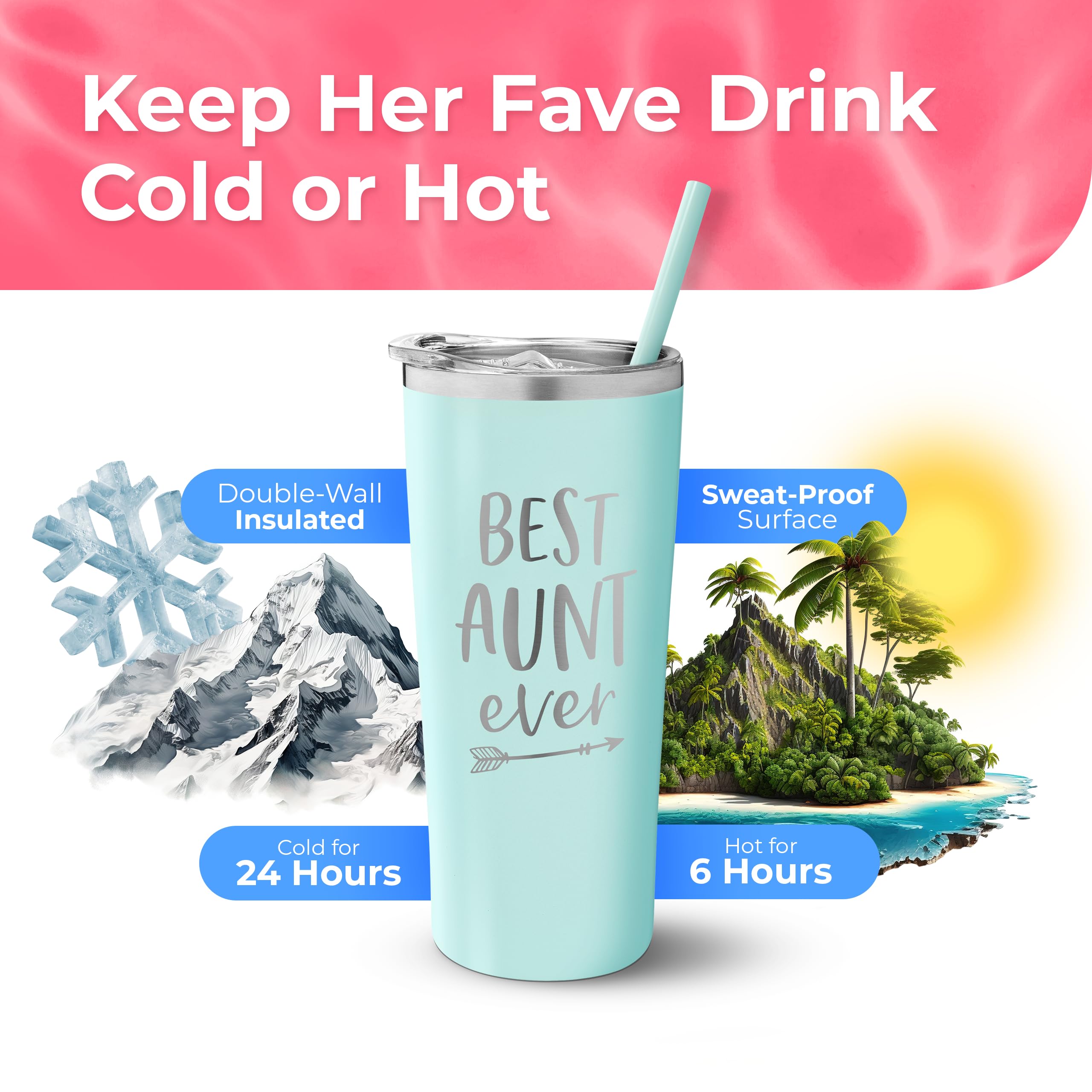 Best Aunt Ever Vaso personalizado de acero inoxidable, taza aislada con bonito diseño, tapa de cierre deslizante con pajita, día de San Valentín, regalo para la mejor tía