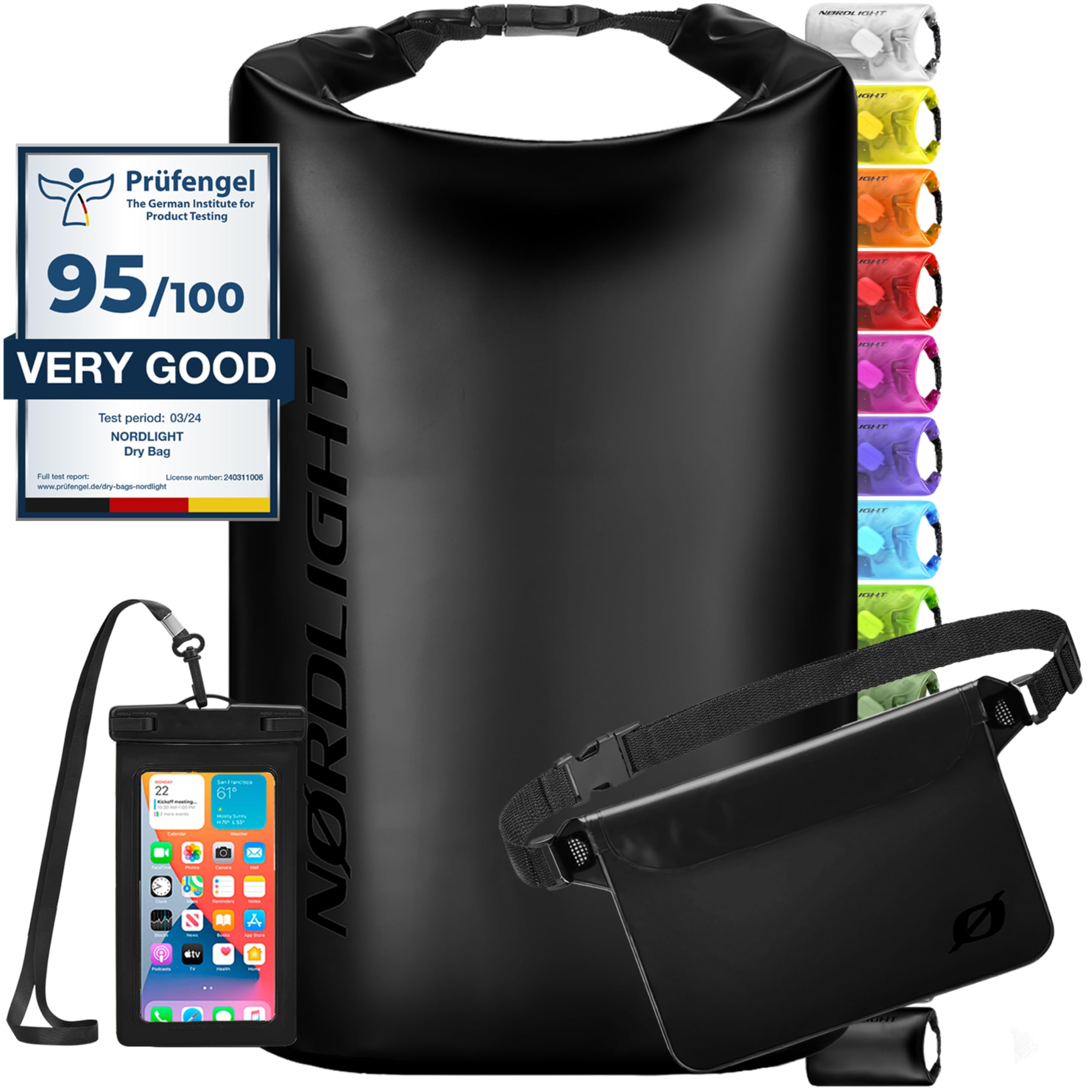 Nordlight Dry Bag e borse impermeabili - zaini impermeabili da 2l, 5l, 10l, 15, 20l, 30l, ccon chiusura a rotolo e tracolla con custodia impermeabile per cellulare e marsupio