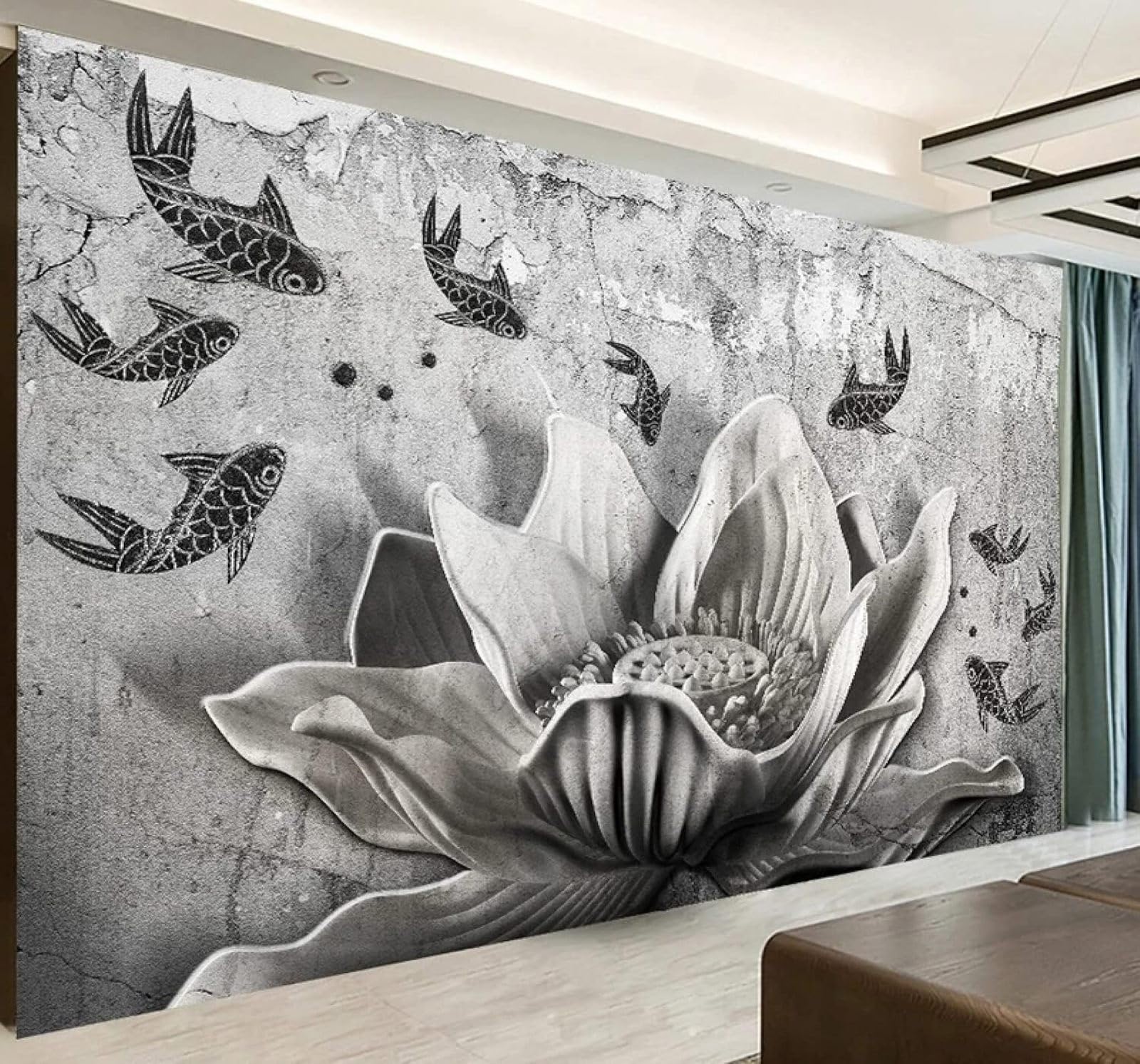 Papel Pintado 3D Relieve Loto Estilo Retro Pared De Cemento