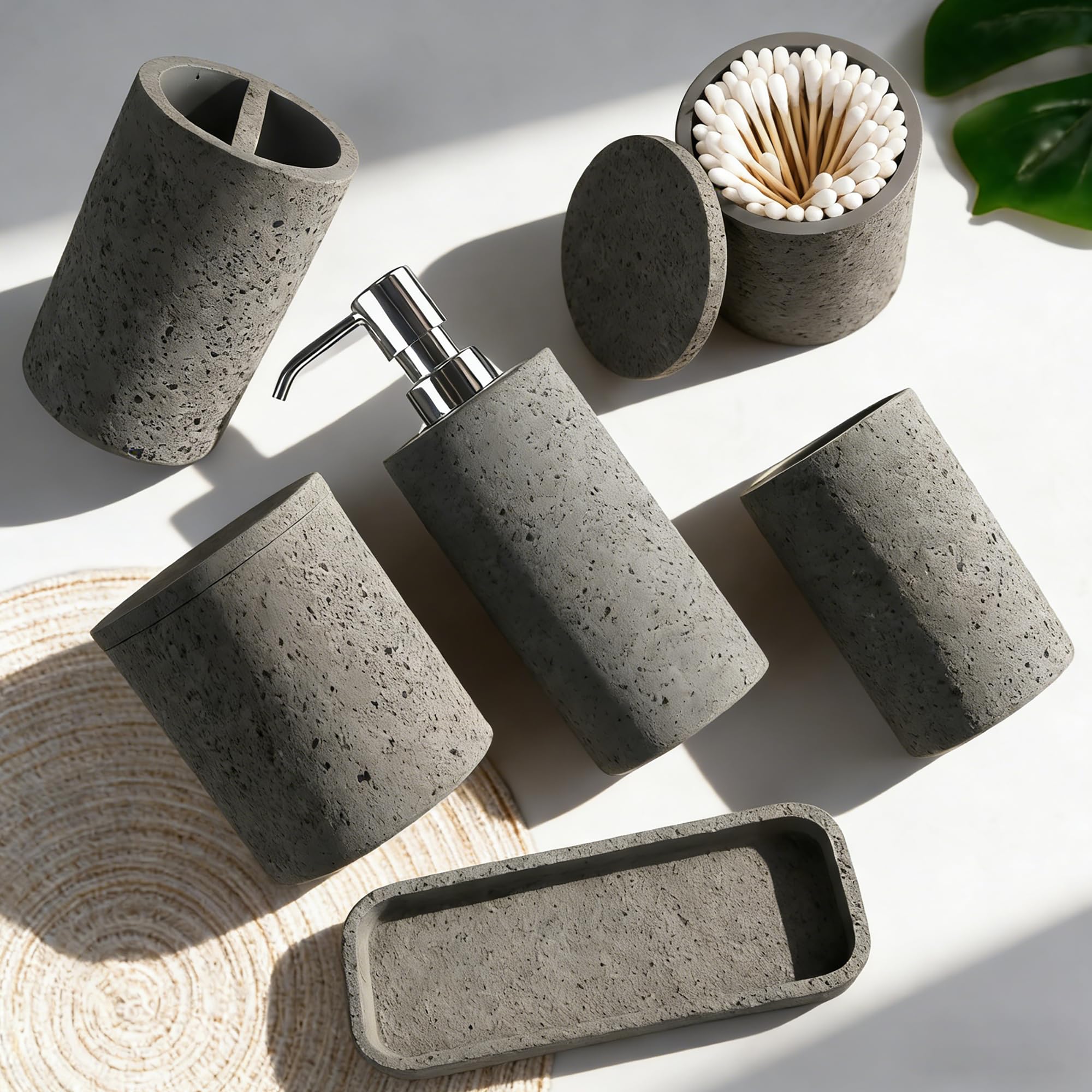 Set de Baño de 6 Piezas - Juego Accesorios Baño con Dispensador de Jabón, 2 Soportes para Hisopos, Soporte para Cepillo de Dientes, Vaso de Baño y Bandeja de Tocador - Poliresina, Aspecto Gris