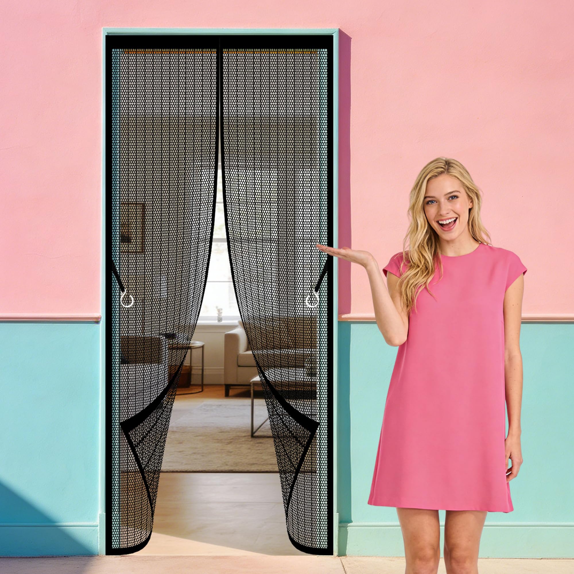 Magnetic Door Screen 105 x 278 cm Self Sealing, Hands Free Double Door Magnetic Fly Screen Keep Bugs Out Lets Fresh Air Suitable for Patio Room Balcony Bedroom, Black