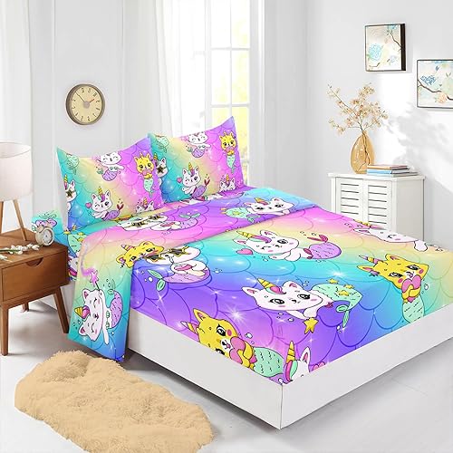 Miniatura 3 de Axolotl Kawaii - Juego de sábanas de unicornio y gatos, tamaño individual, juego de sábanas de dibujos animados de arco iris, juego de ropa de cama