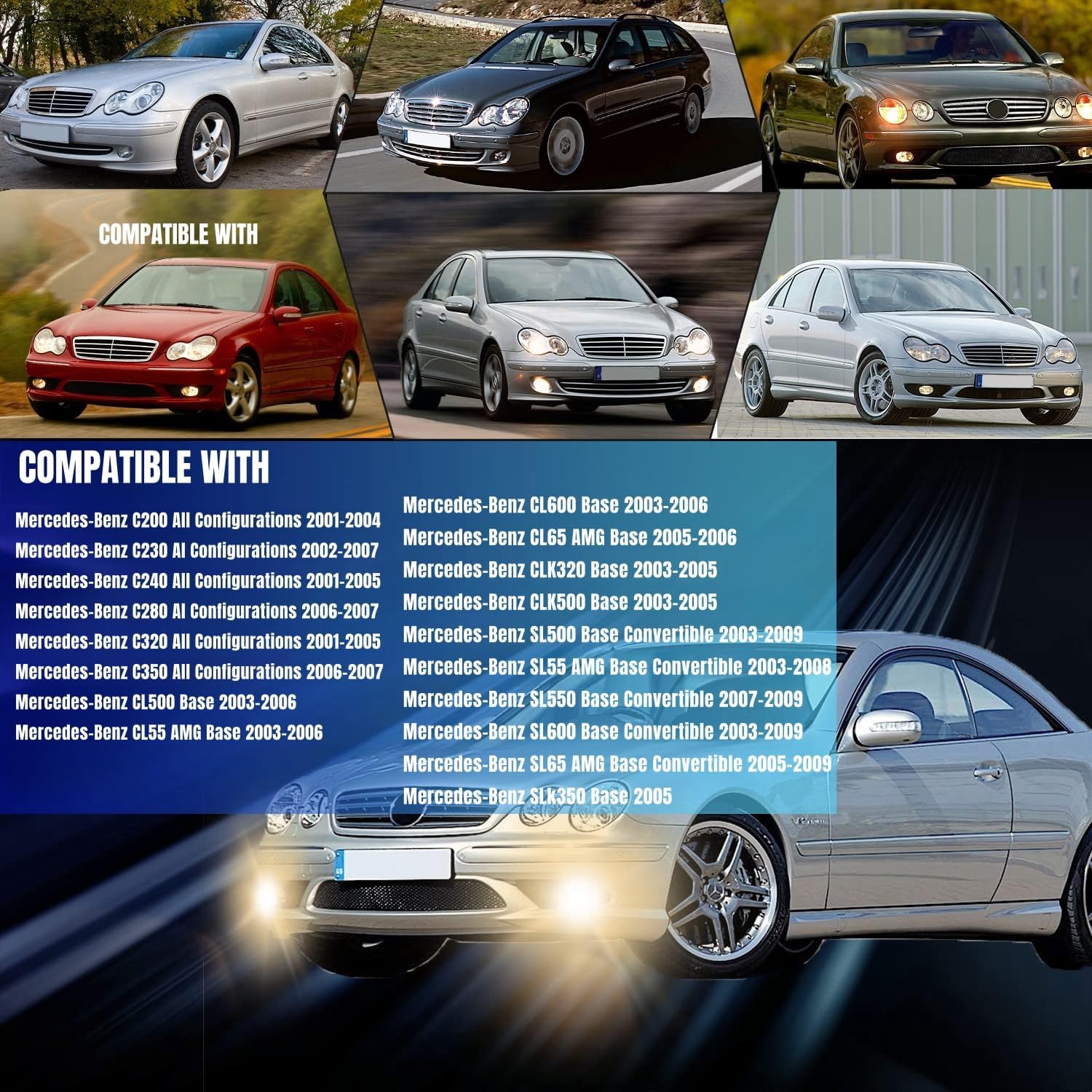 Fog Lights for Mercedes Benz C200 C230 C240 C320 C350 CL55/CL65/SL55/SL65 AMG CL500 CL600 CLK320 CLK500 SLK350 Base SL500 SL550 SL600 Convertible 2001-2009, A Pair (Yellow lens)