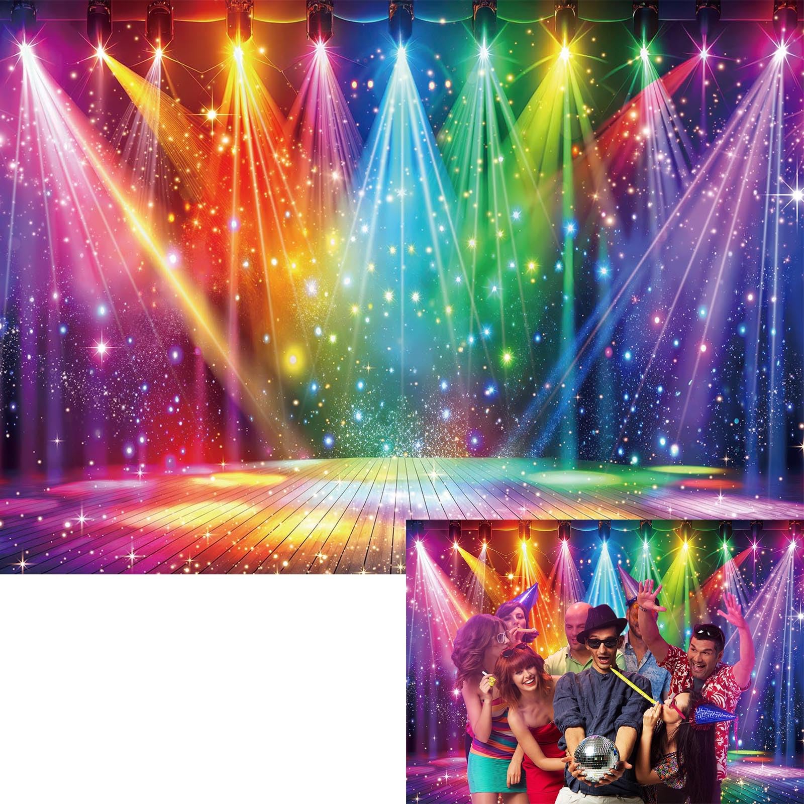 Rainbow Stage Disco Backdrop 7x5FT Colorful Stage Music Photography Background 70s 80s Music Disco Party Decorations Banner Supplies Photo Props