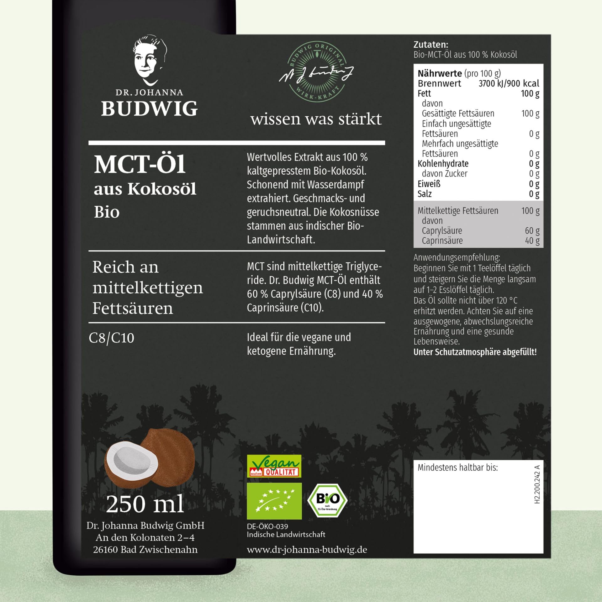 Dr. Budwig Kokosöl Bio MCT Öl (500ml) nativ kaltgepresst | C8 & C10 Fettsäuren - vegan & ketogene Ernährung - flüssig - geschmacksneutral - mct oil - Ketone zum trinken - kokosnussöl