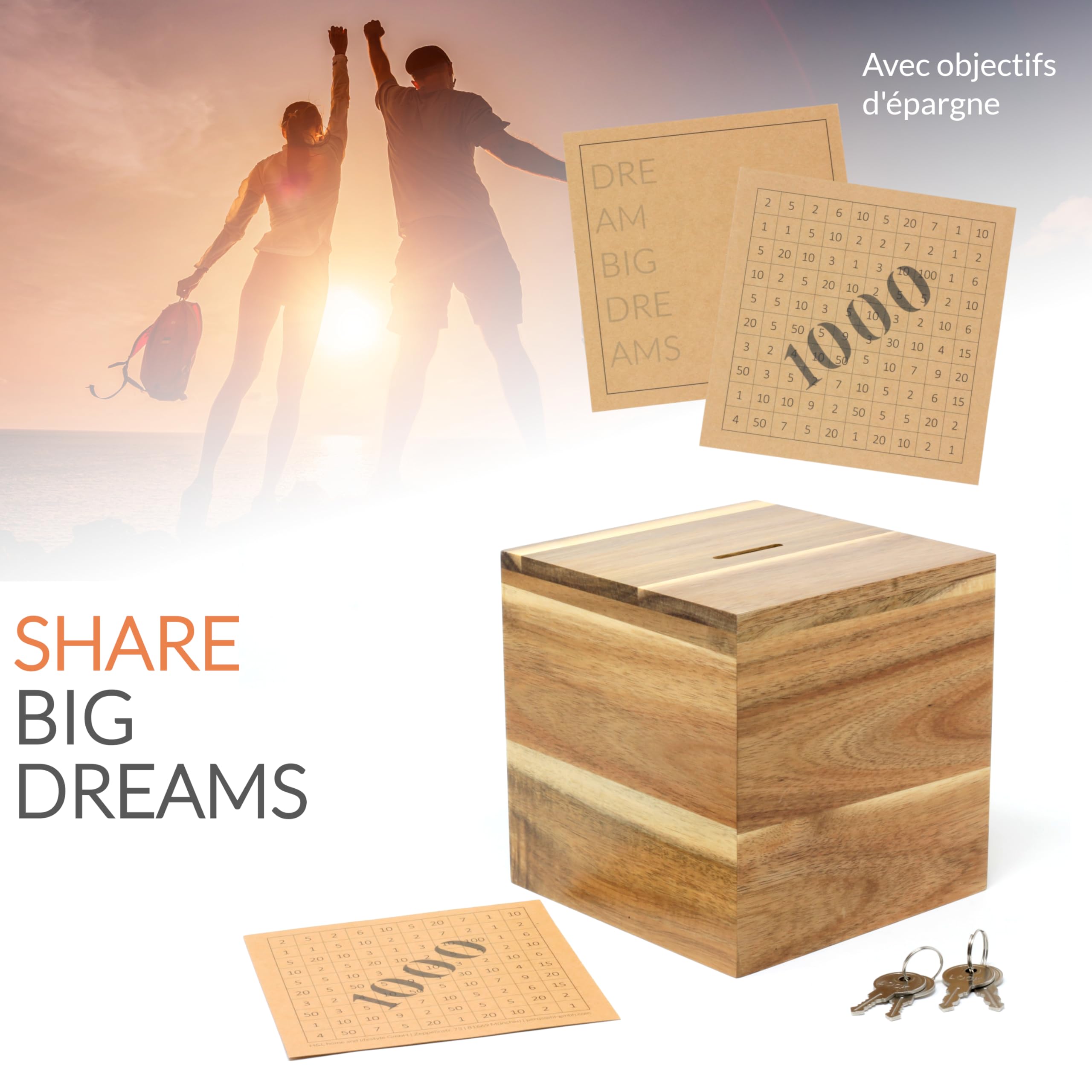 BIG Dreams Box - Tirelire en Bois Élégante & Défi d'Épargne - Cadeau pour Couple, Mariage, Fiançailles | pour Économiser pour Les Vacances ou Les Voyages | Boîte de Pourboires et de Dons