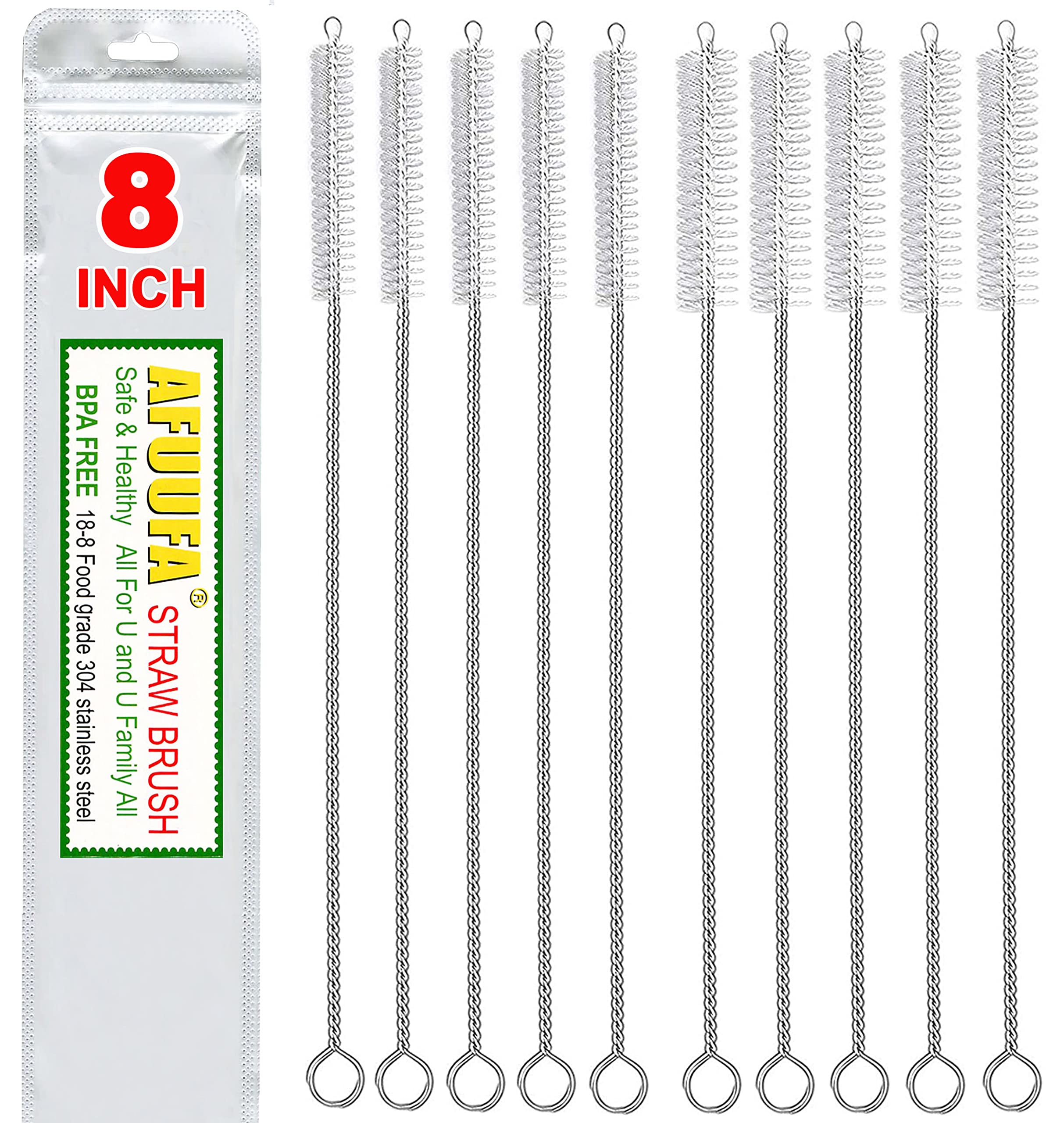 AFUUFAストロークリーナーブラシセット 10本パック 8フィート x 8mm & 10mm ストローブラシ5本 ナイロン&ステンレススチール 耐久性 ハチドリの餌やりや再利用可能なストローに最適