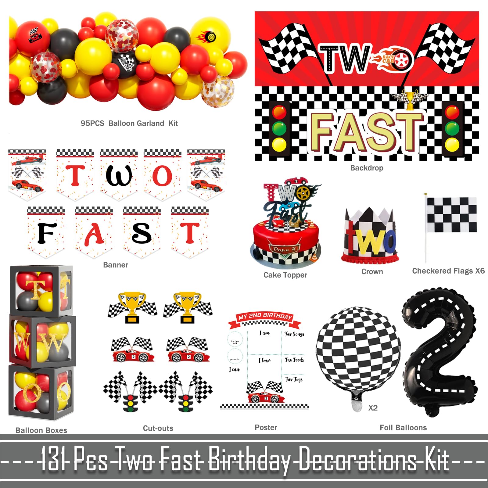 Fiesec Two Fast Birthday Decorations – 131 PCs Race Car Themed Birthday Party Supplies with Two Fast Backdrop, Balloon Garland, Balloon Boxes, Number 2 Foil Balloon, Banner, Cake Topper, Poster