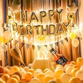 Amazon Omew 風船 誕生日 飾り付け Ledスターライト灯串付き Happy Birthday バルーン パーティー 装飾 ギフト プレゼント パーティーグッズ 誕生日プレゼント 雰囲気最高 金と白 風船 バルーン おもちゃ