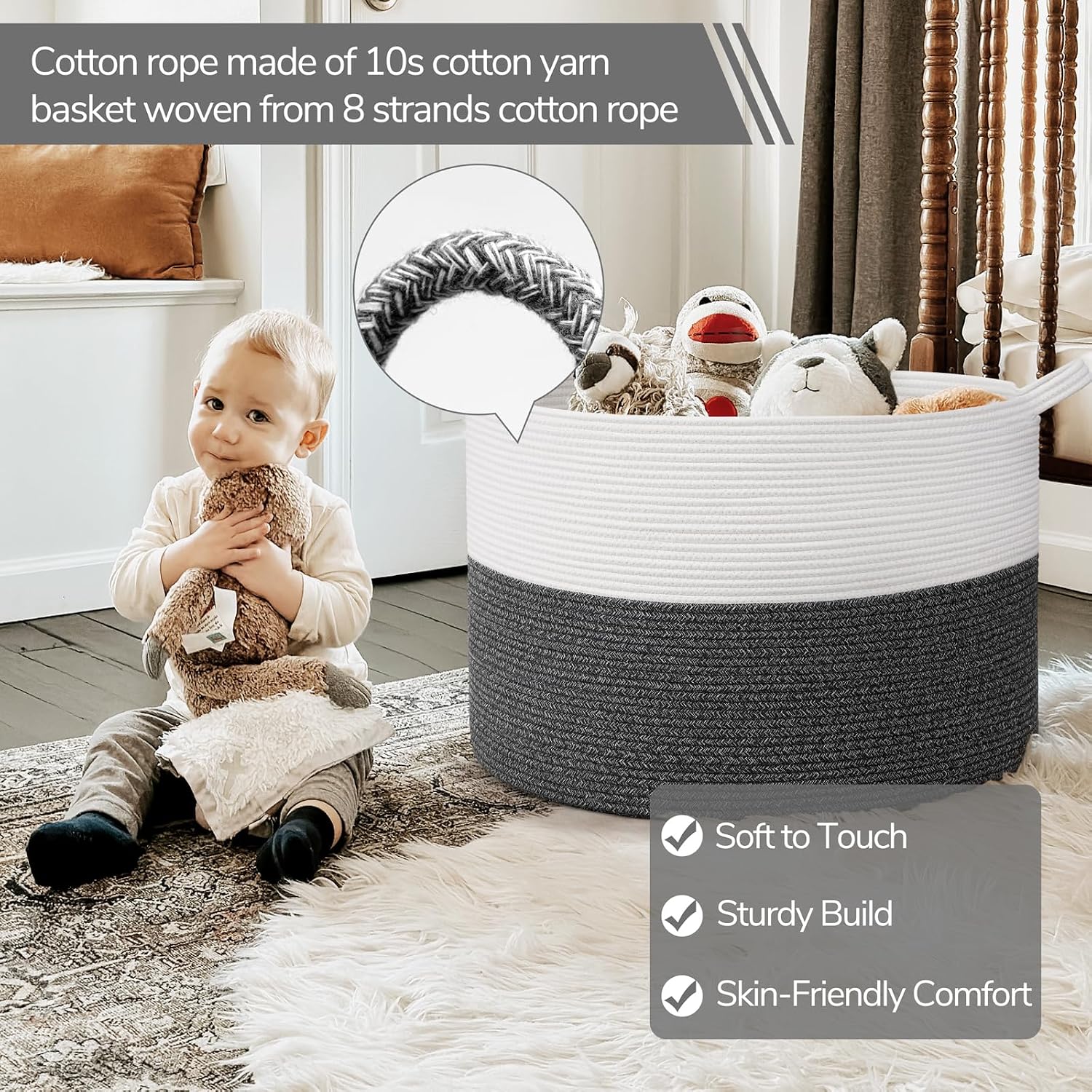 INDRESSME 115L Extra Large Cotton Rope Blanket Basket, Woven Baby Laundry Baskets for Clothes Pillows Towel, Toy Baksets for Kids, White & Gray