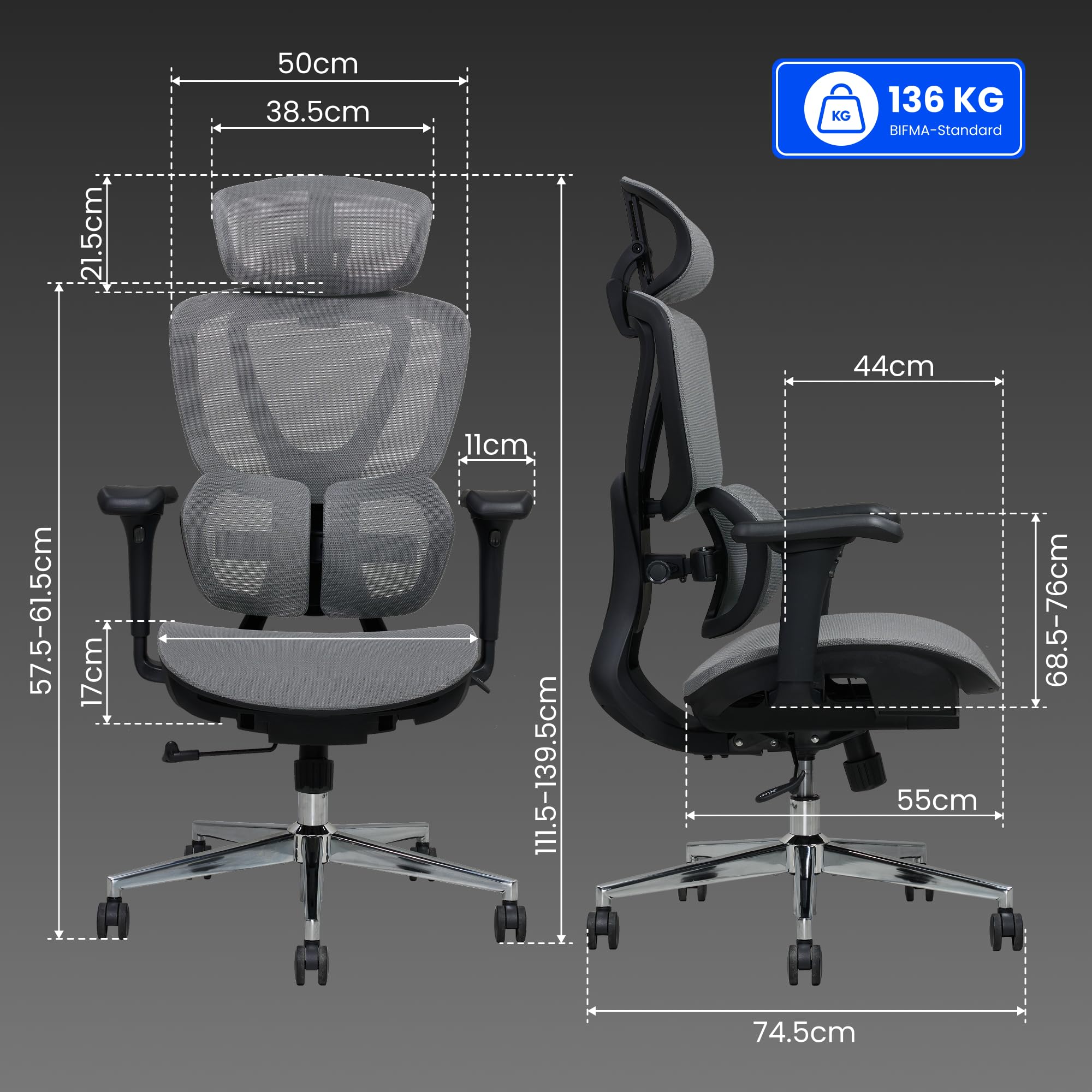 FLEXISPOT Ergonomischer Bürostuhl mit Dual Wing Lendenstütze, 3D-Kopfstütze & Armlehnen, Verstellbarer Sitztiefe, Rückenlehne & Neigung Arbeitsstuhl für Büro & Home Office (Grau)