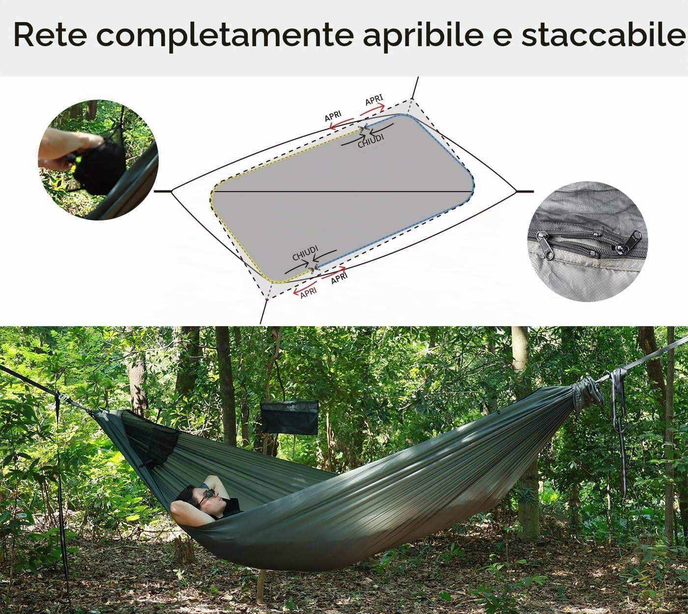 NomadNest Amaca con zanzariera tridimensionale rimovibile, amaca portatile da campeggio con corda per escursioni, viaggi e zaino in spalla
