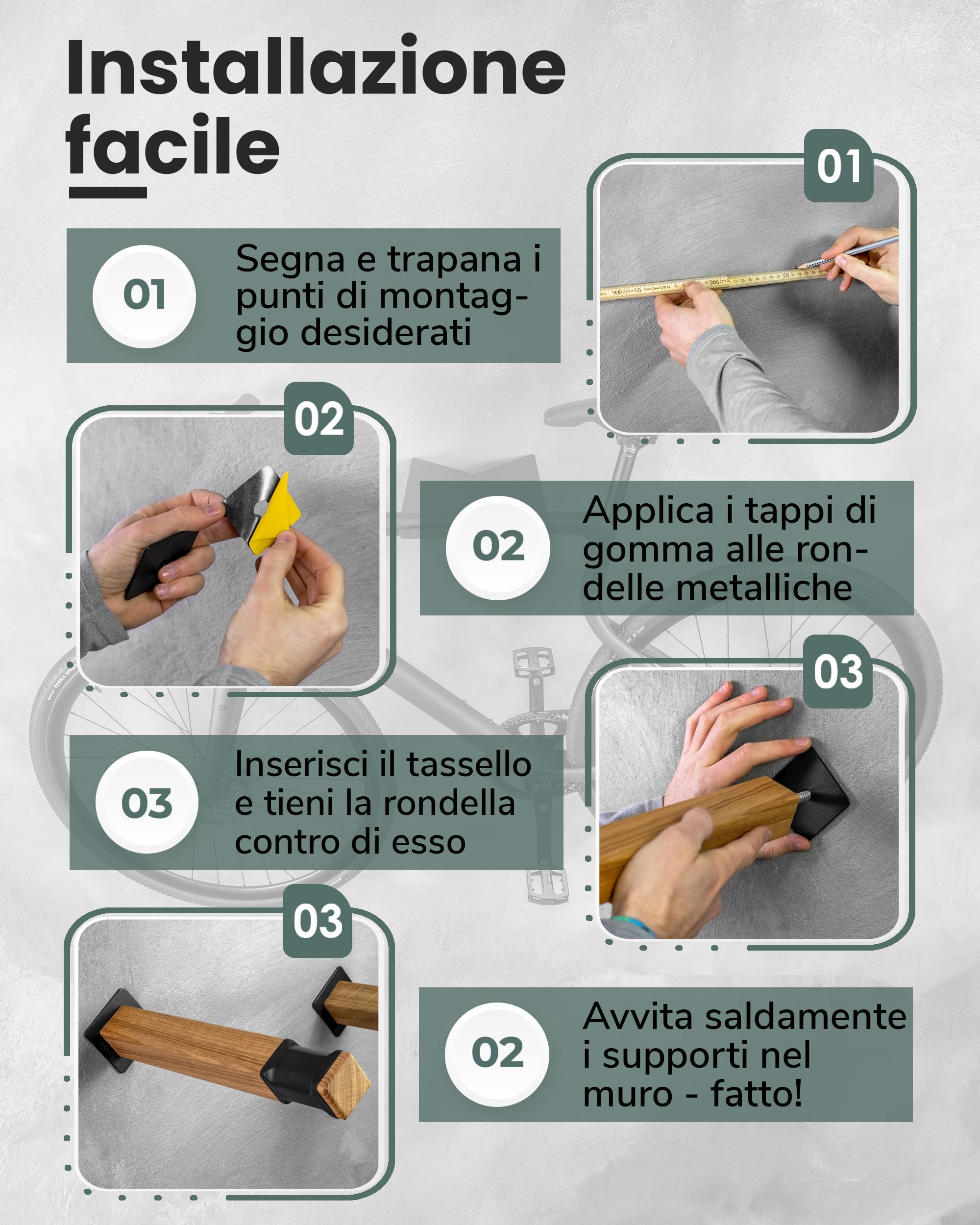 PARAX Supporto da parete per bicicletta, in legno e tubo per bicicletta, bastoncini per portabici fino a 20 kg, per interni e biciclette