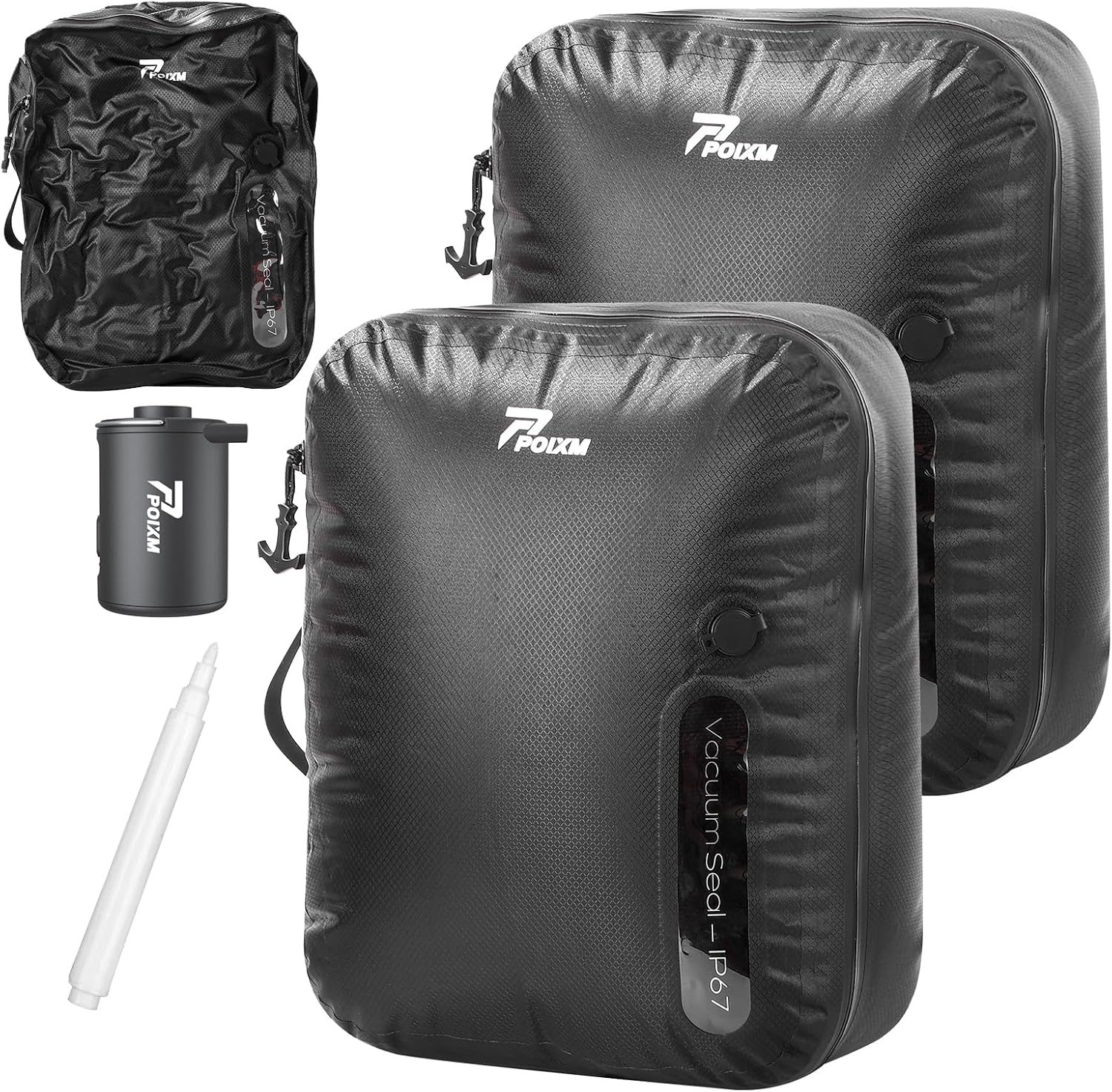 Vacuum Bags for Travel with Wireless Pump, 180° Open Zipper, IP67 Waterproof, Reusable Space Saver Compression Bags for Backpack, Suitcase, Home Storage(2 Pack + Pump) Medium Black - 2PC+P