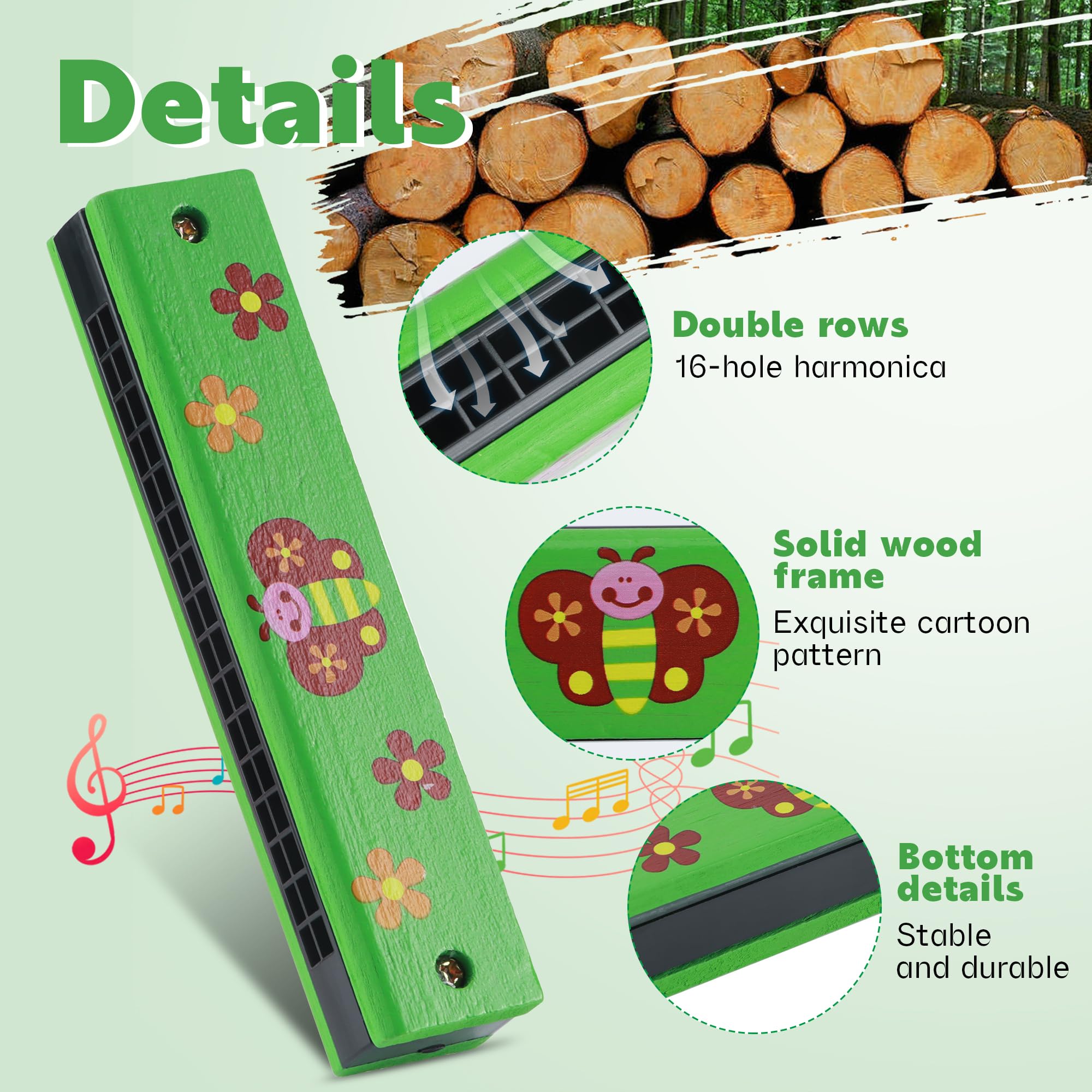 6 Pièces Harmonica pour Enfants, 16 Trous en Bois Harmonica Enfant, Cadeau d'Anniversaire pour Enfants Étudiants Débutants
