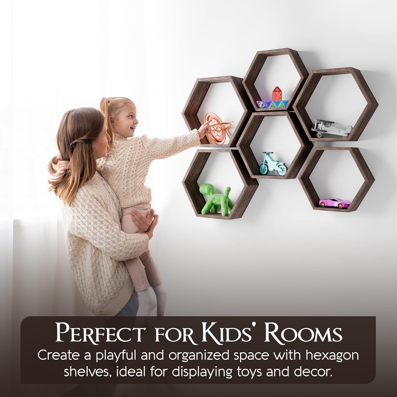 Hexagon Floating Shelves Set of 6 Honeycomb Shelves for Wall, Wooden Hexagon Shelves for Farmhouse Storage.