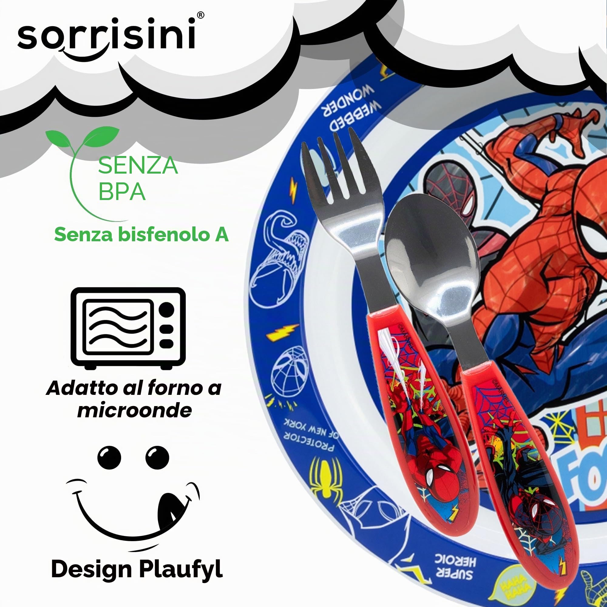 Set di Stoviglie Riutilizzabile per bambini, Set Piatti 3 Pezzi, Set stoviglie con Piatto, Posate in Acciaio Inox, Piatti in Plastica Adatti per Microonde, Spiderman