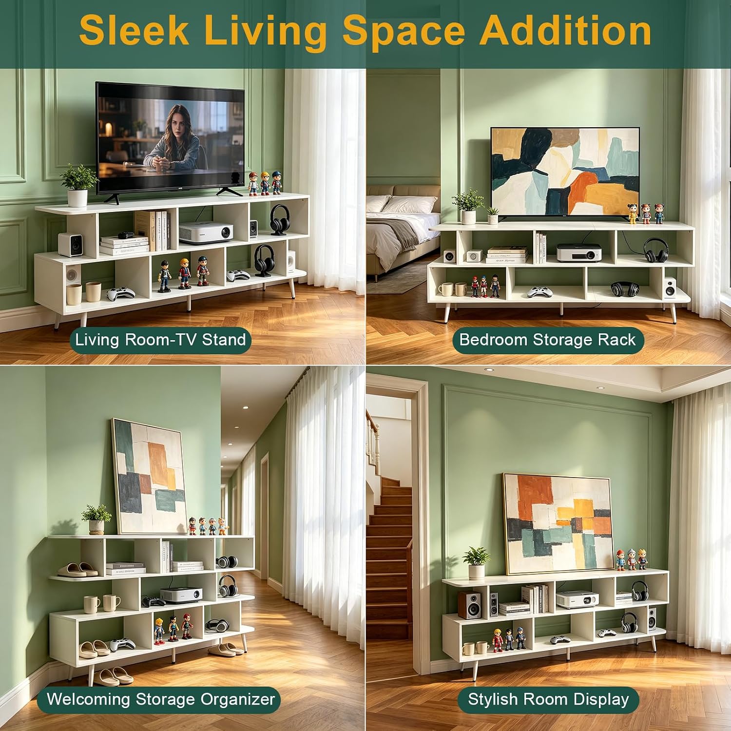 65 White TV Stand with Power Outlet for TVs up to 75, Large Entertainment Center with 8 Open Shelves,Media Console Table for Living Room/Entrance/Kitchen/Sofa Cabinet, Easy Assembly