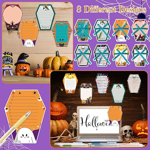 Miniatura 4 de Honoson 48 piezas de notas adhesivas y bolígrafos de Halloween, blocs de notas autoadhesivas, juego de regalos de oficina a granel, calabaza,