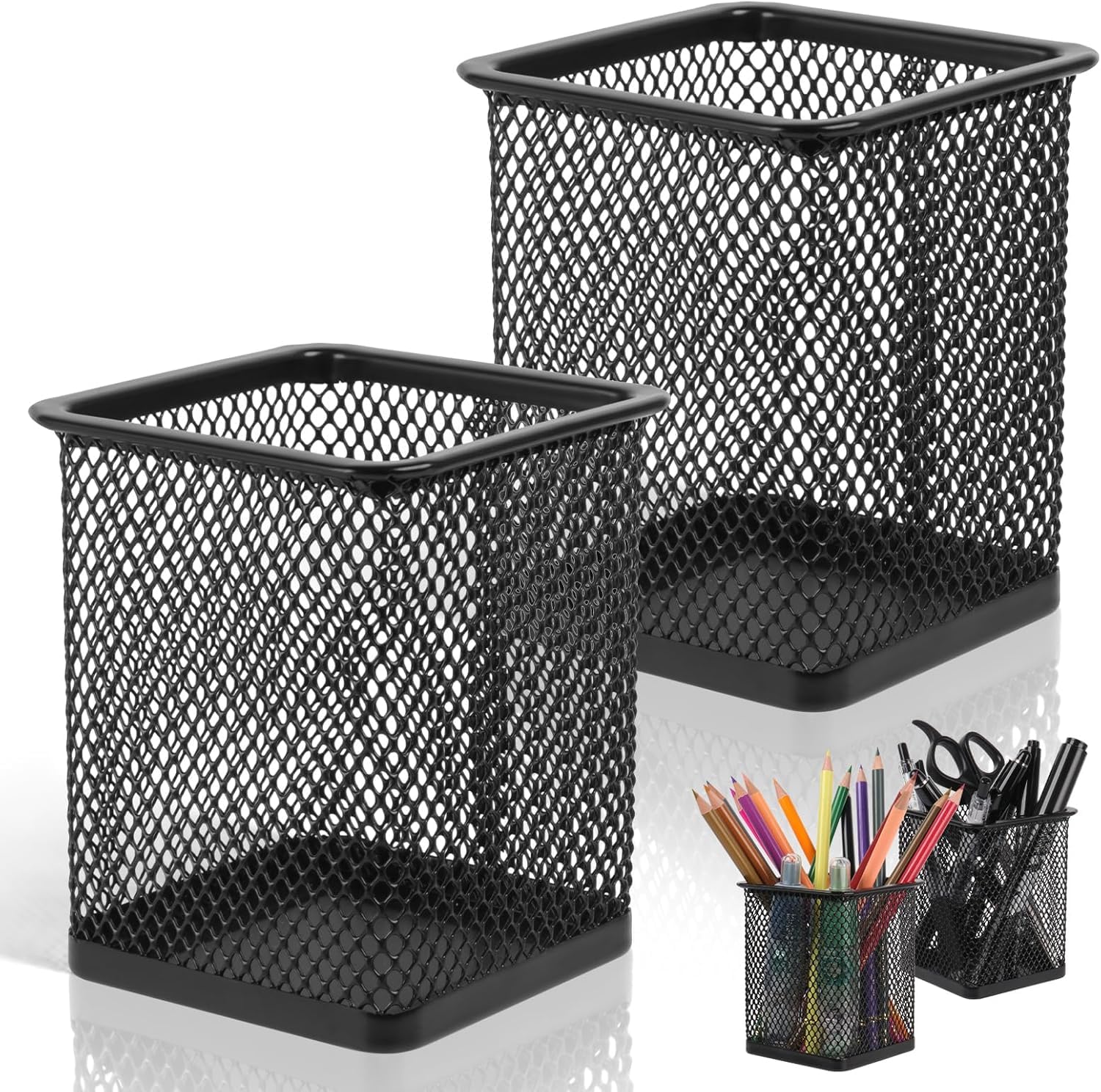 Liqingru Black 2 Pack Square Metal Pen Holder For Desk, 3.15 X 3.74 In Pen Cups, Pencil Holder Workspace Organizers For School Office- Desk Accessories & Storage,
