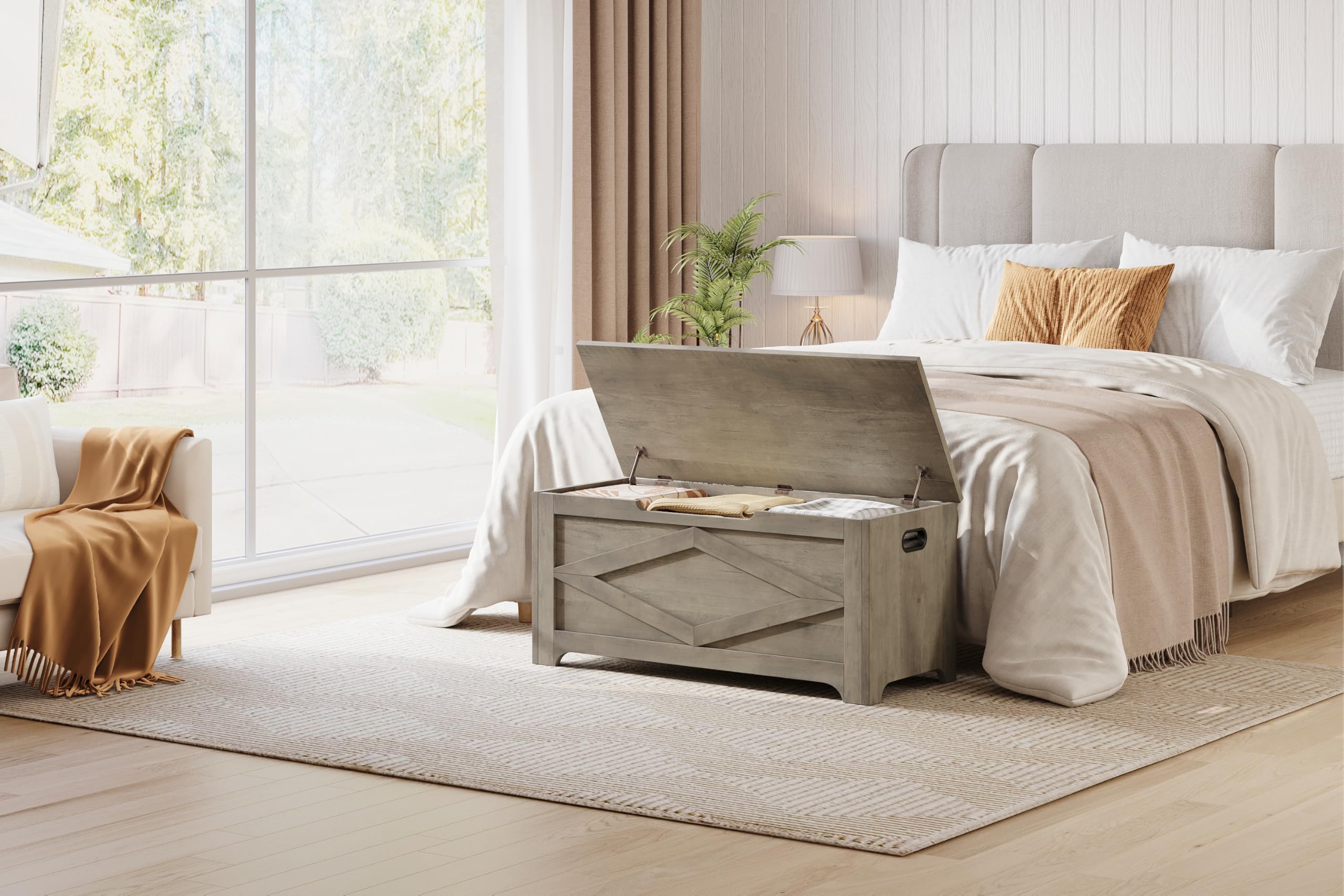 GarveeHome Graue Sitzbare Aufbewahrungsbox im Bauernhaus-Stil, 136kg Tragfähigkeit, Großkapazität Für Spielzeug & Kleidung, Für Kinderzimmer & Wohnzimmer, Größe 100 x 40 x 45 cm