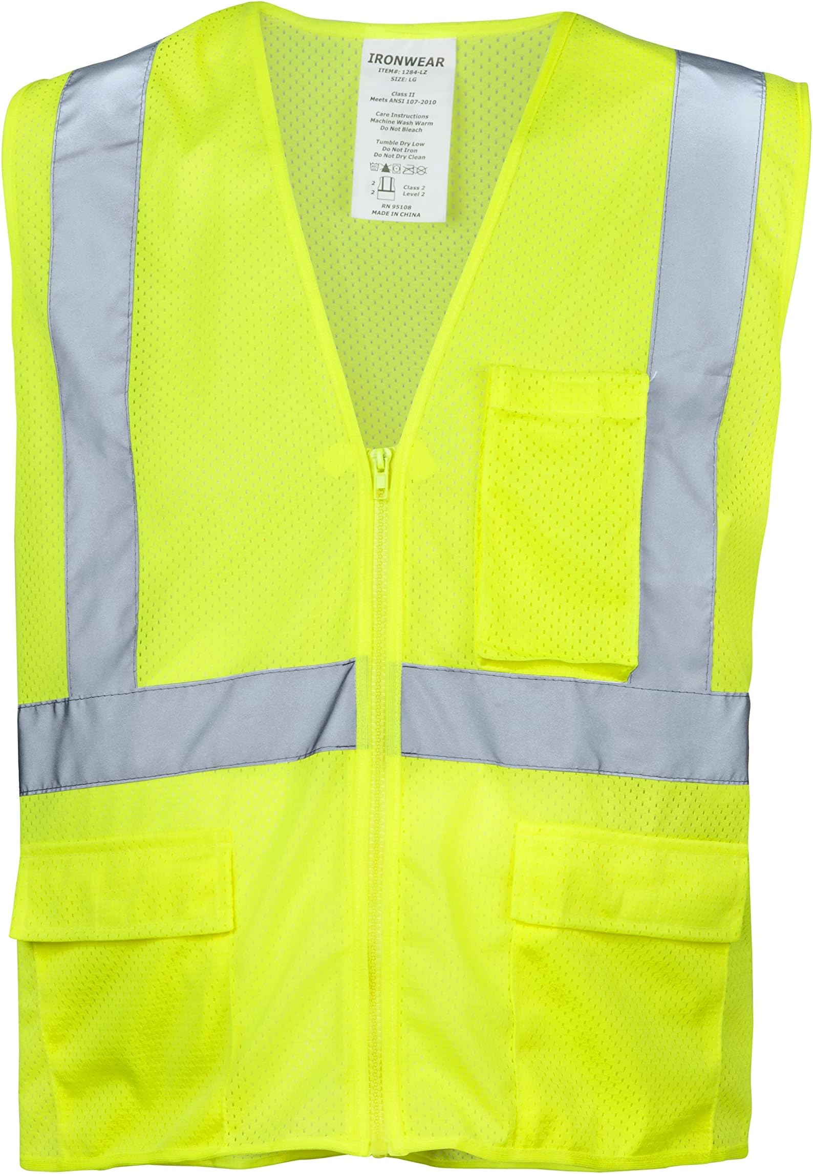 Ironwear 1284-LZ-RD ANSI Class 2 Flame Retardant Polyester Mesh Safety Vest with Zipper and 2" Silver Reflective Tape, Large, Lime