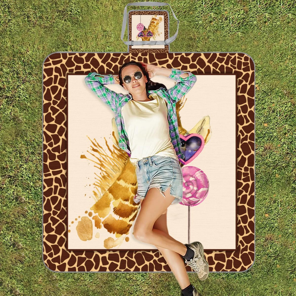 Mantas de picnic de 150 x 145 cm, con divertido estampado de jirafa, plegable, para exteriores, playa, playa, camping, senderismo, picnic