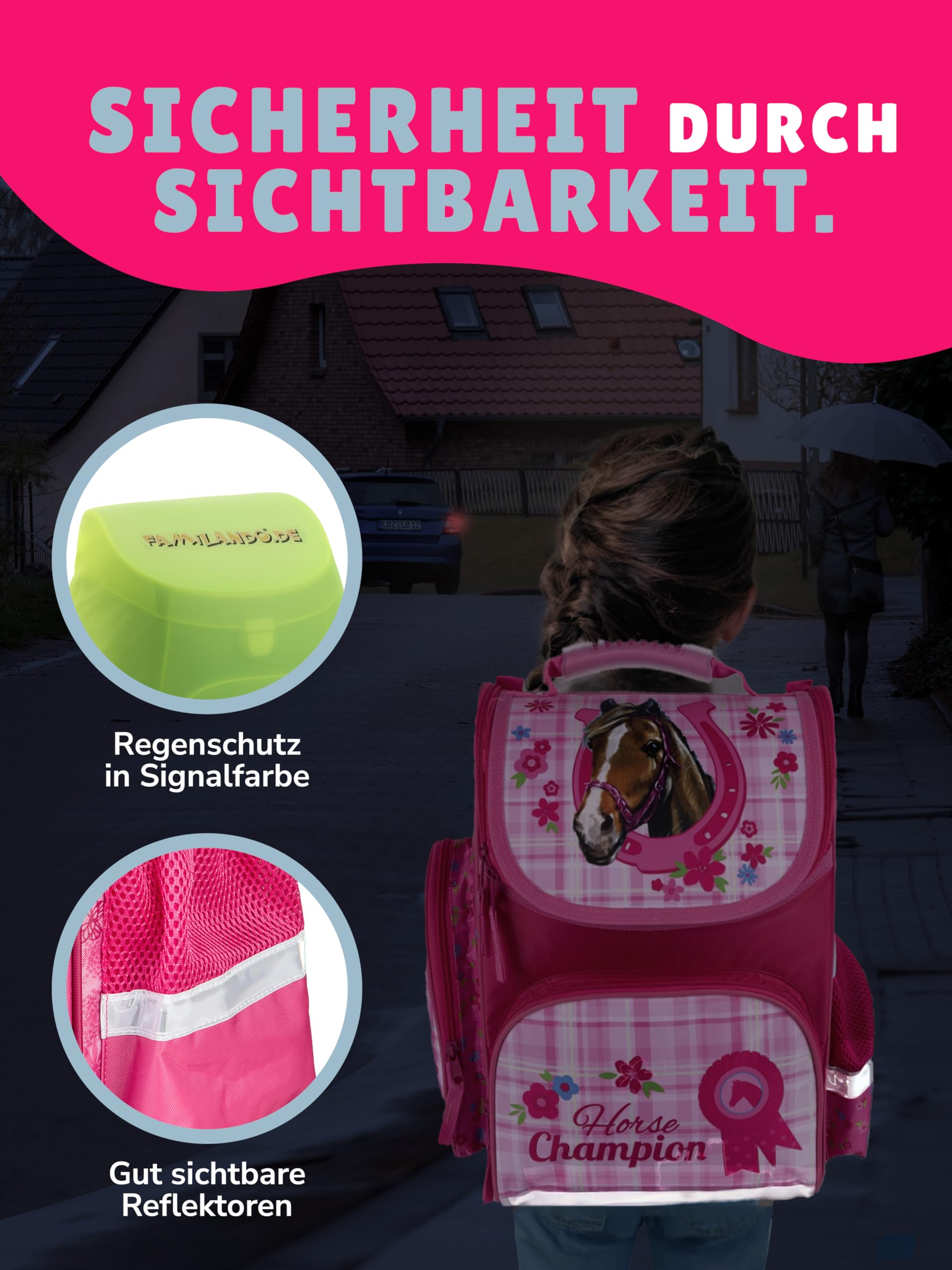 Familando - Schulranzen Set CLOU - 9-teilig mit Sporttasche - Pferde - Ergonomisch, stabil & mit gepolstertem Rücken - 930g leicht - 15L Volumen - Mit Reflektoren - Für Grundschule ab 1. Klasse