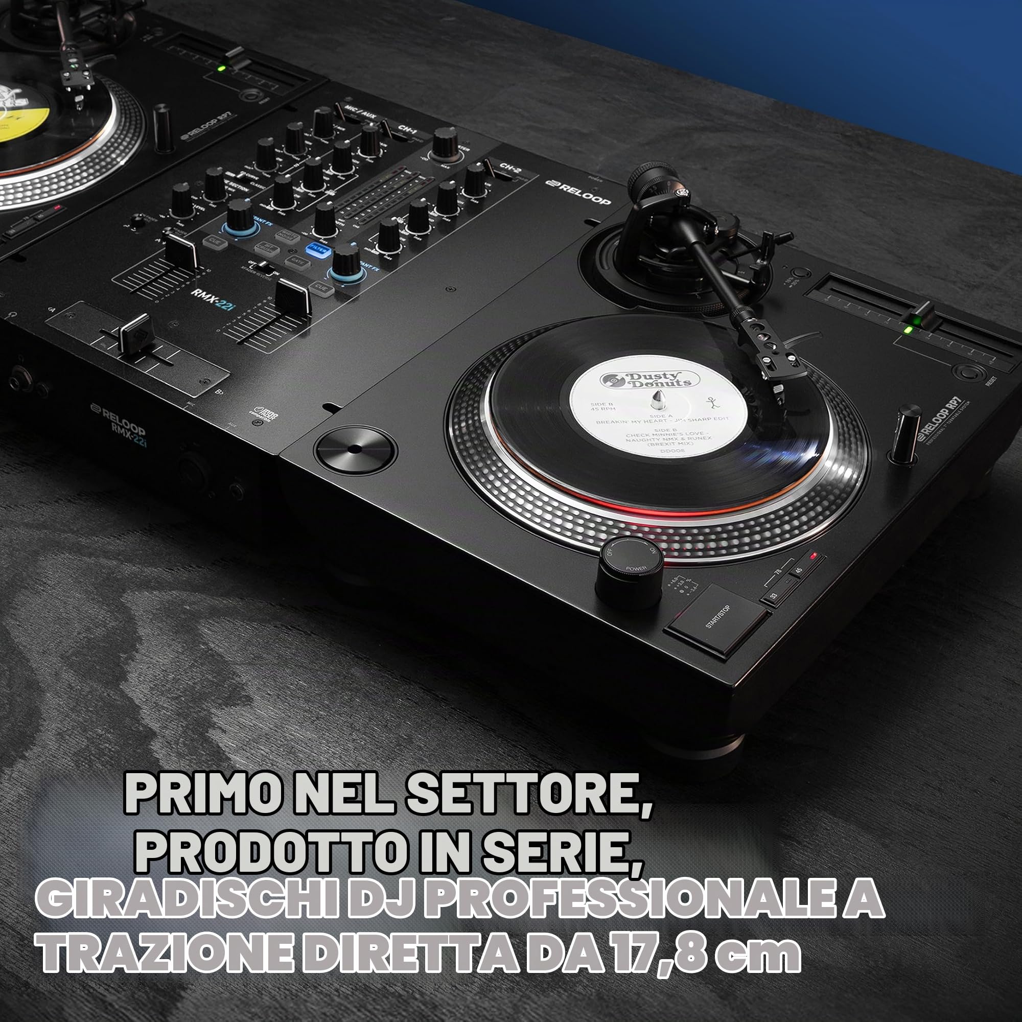 Reloop RP-7 - Giradischi Professionale per Vinili 7'', 3 Velocità, Pitch Regolabile, Braccio in Rame, Nero