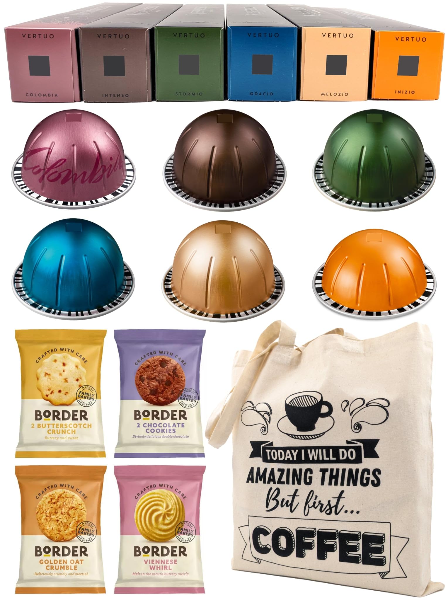 Coffee Pod Variety Pack for Nespresso Vertuo Machine - Inizio, Colombia, Intenso, Stormio, Melozio, Odacio - 6 Boxes (60 Pods) Bundled with Border Biscuits and Reusable Tote Bag