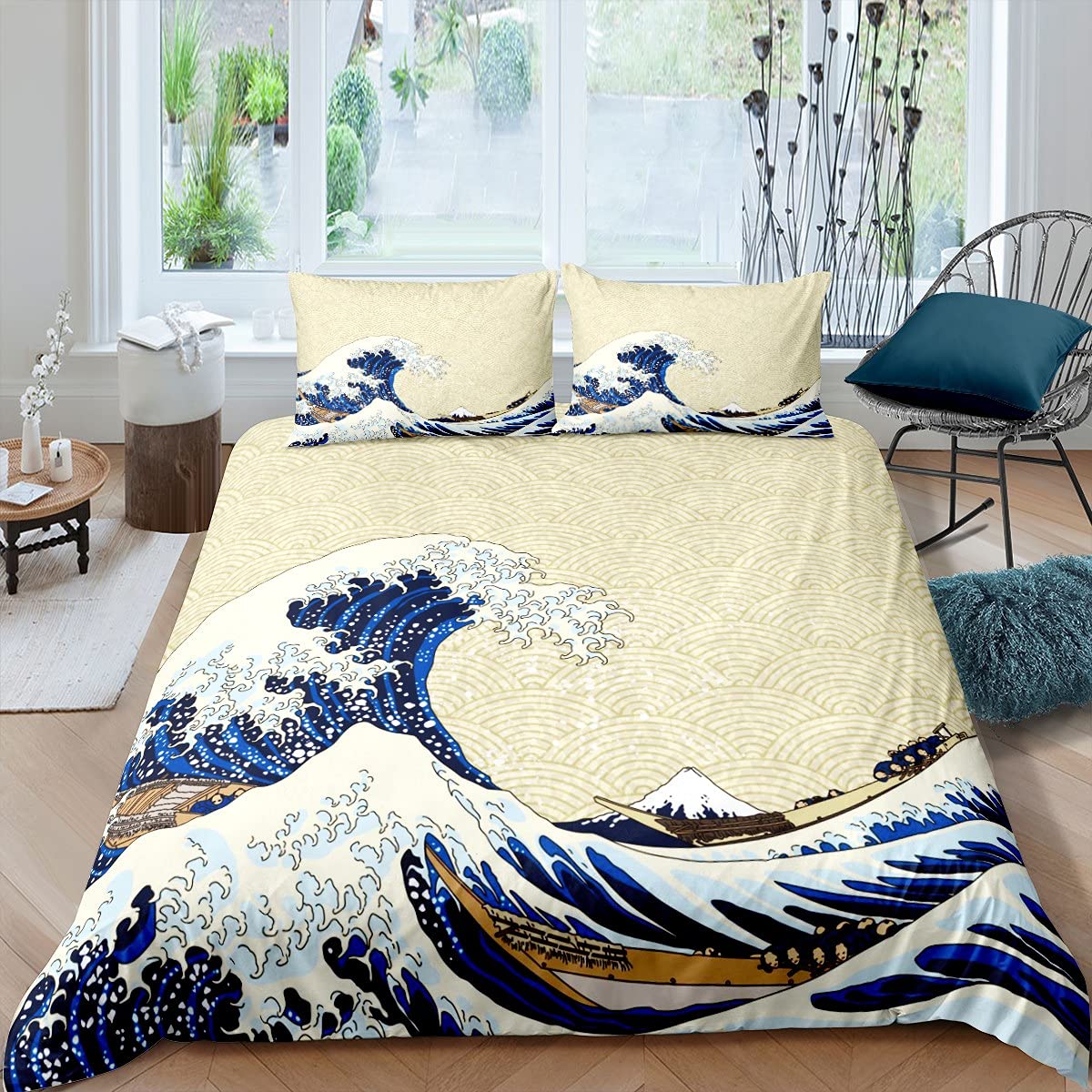 richhome Single,Wave Duvet Cover for Kids Teens Adults,Sea Ocean Waves Nautical Bedding Set,Hand Drawn Japanese Style Motifs Illustration Ukiyoe Themed Bedroom Decor Comforter Cover with 1 Pillowcase