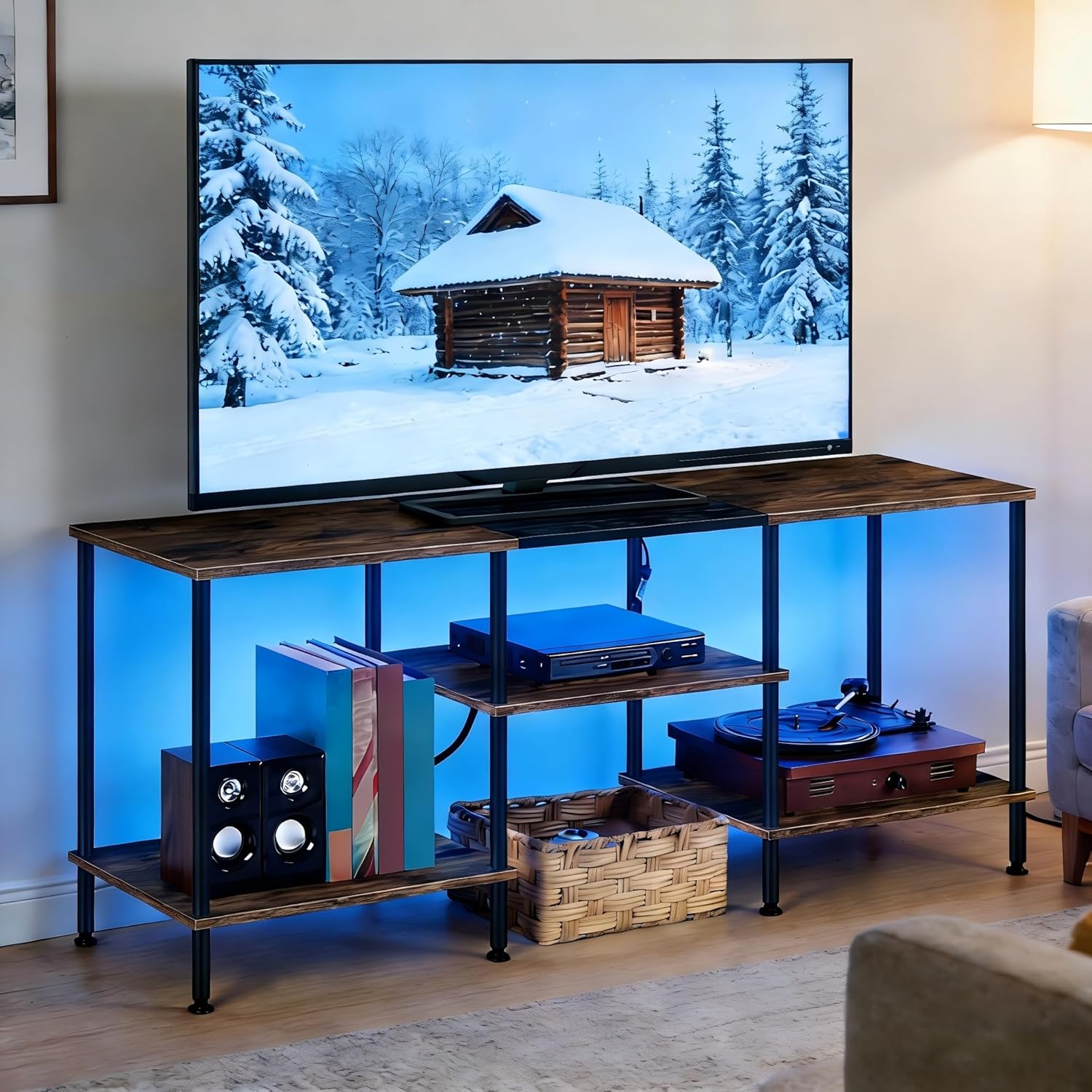 50 Inch TV Stand with Power Outlets and LED Lights, Rustic Brown TV Stands for Living Room Farmhouse Small Entertainment Center with Storage, 3 Tier TV Media Console Table for 50 43 40 32 Inch TV