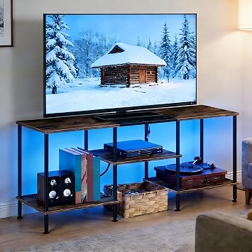 50 Inch TV Stand with Power Outlets and LED Lights, Rustic Brown TV Stands for Living Room Farmhouse Small Entertainment Center with Storage, 3 Tier TV Media Console Table for 50 43 40 32 Inch TV