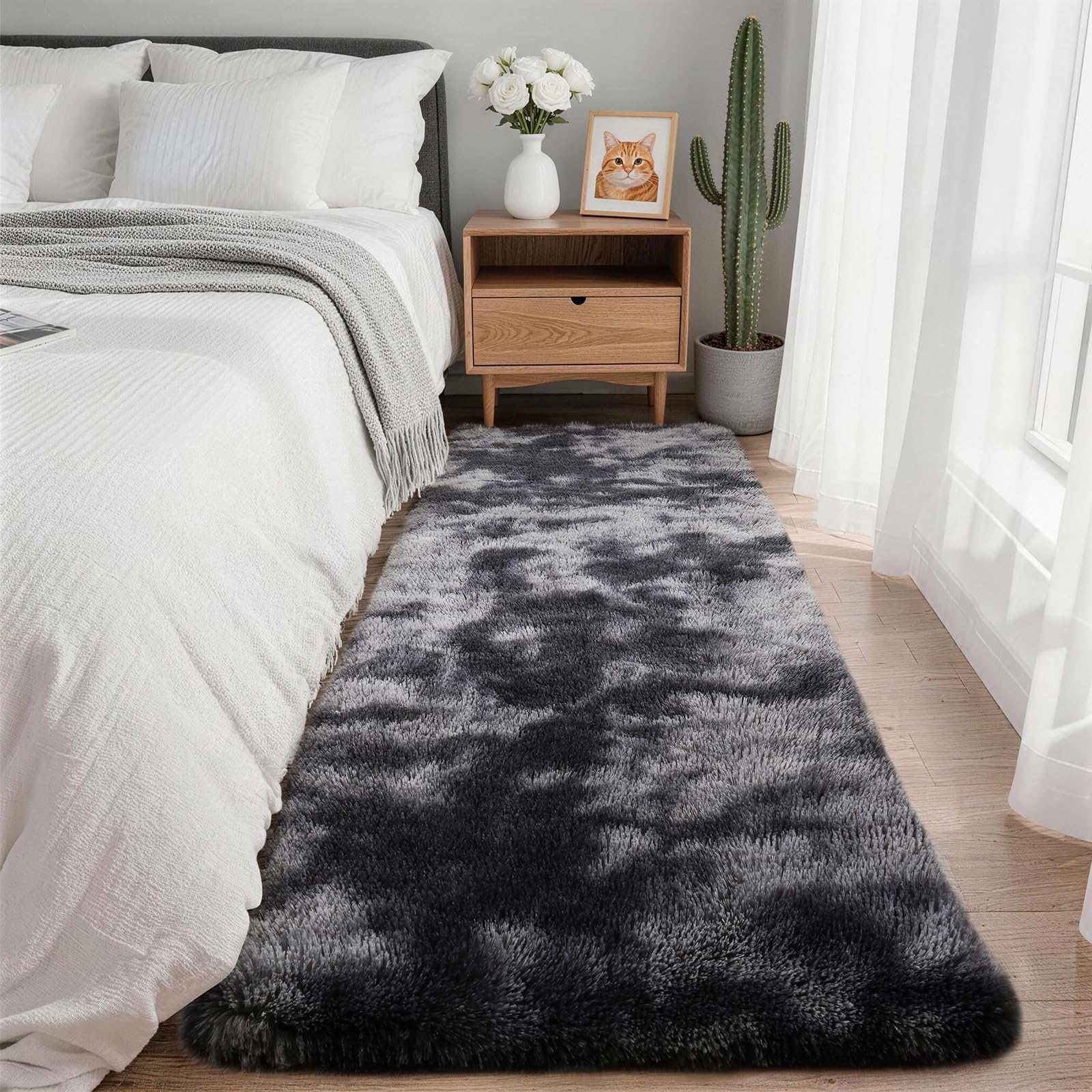 SOANNY Runner Rug, Long Soft Plush Fluffy Tie-Dye Carpet, Non-Slip Machine Washable for Living Room, Hallway, Entryway, Bedroom, Dorm, Bedside, Office, Kitchen, Sofa, 60x240 cm, Dark Grey โ image 1