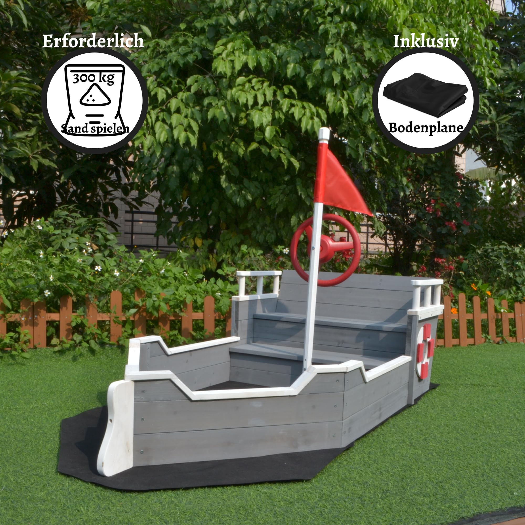Sandkasten aus Holz Boot – Inkl. Bodenplane – Sitzbank mit Ablagefach – Schiff Spielplatz Ausrüstung - 1950 x 940 x 1355mm